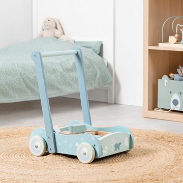 Navaris Lernspielzeug Lauflernwagen aus Holz mit 46 Bauklötzen - Blau (1-St)