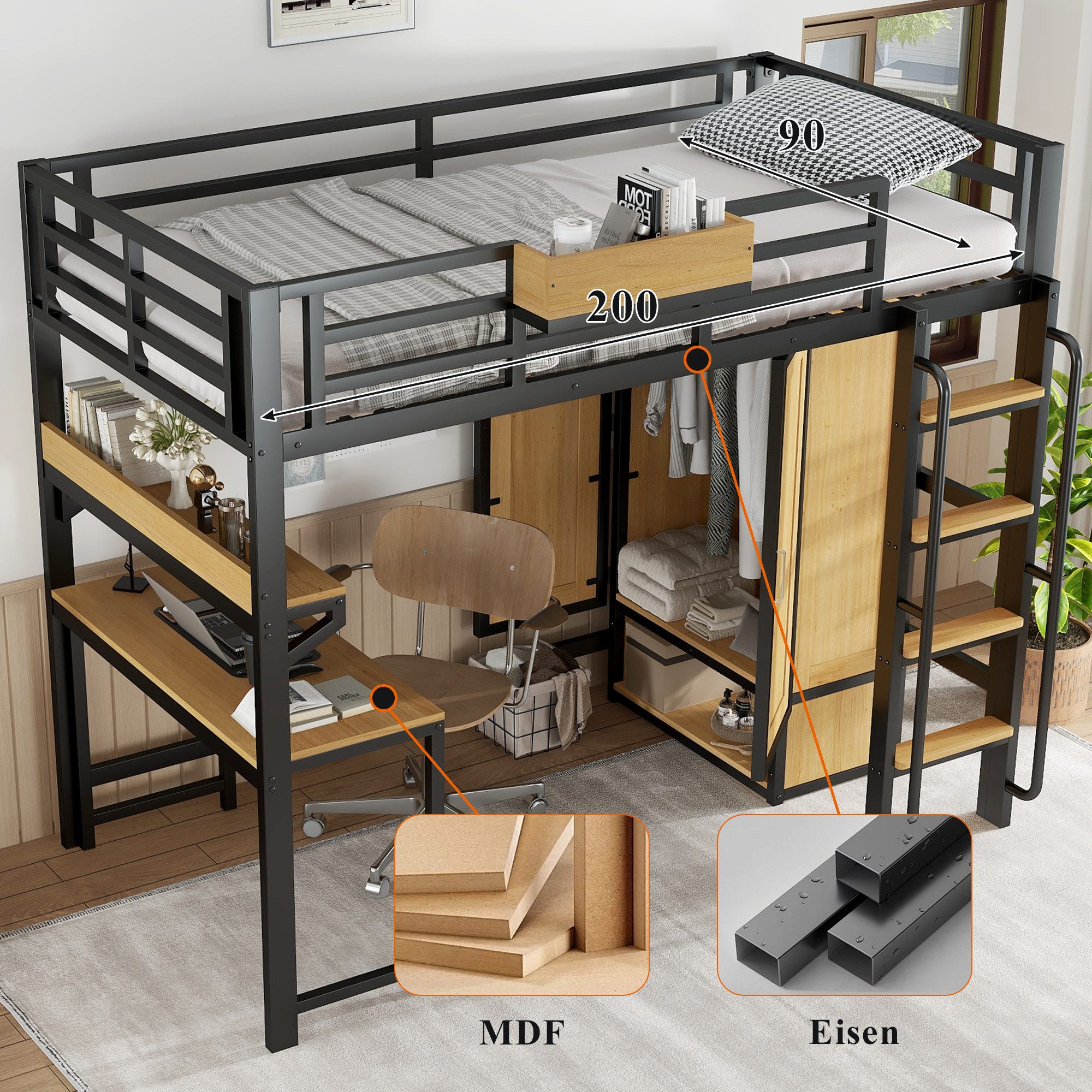 Odikalo Loft Bed 90x200 Metal Bed with Desk & Wardrobe (Iron Bed, Youth Bed, Children's Bed, With Double Door Wardrobe, Stairs with Handrails, With Desk and Storage Shelf, Upper Bed with Shelves, Iron + MDF, Black+Natural, 90x200cm)