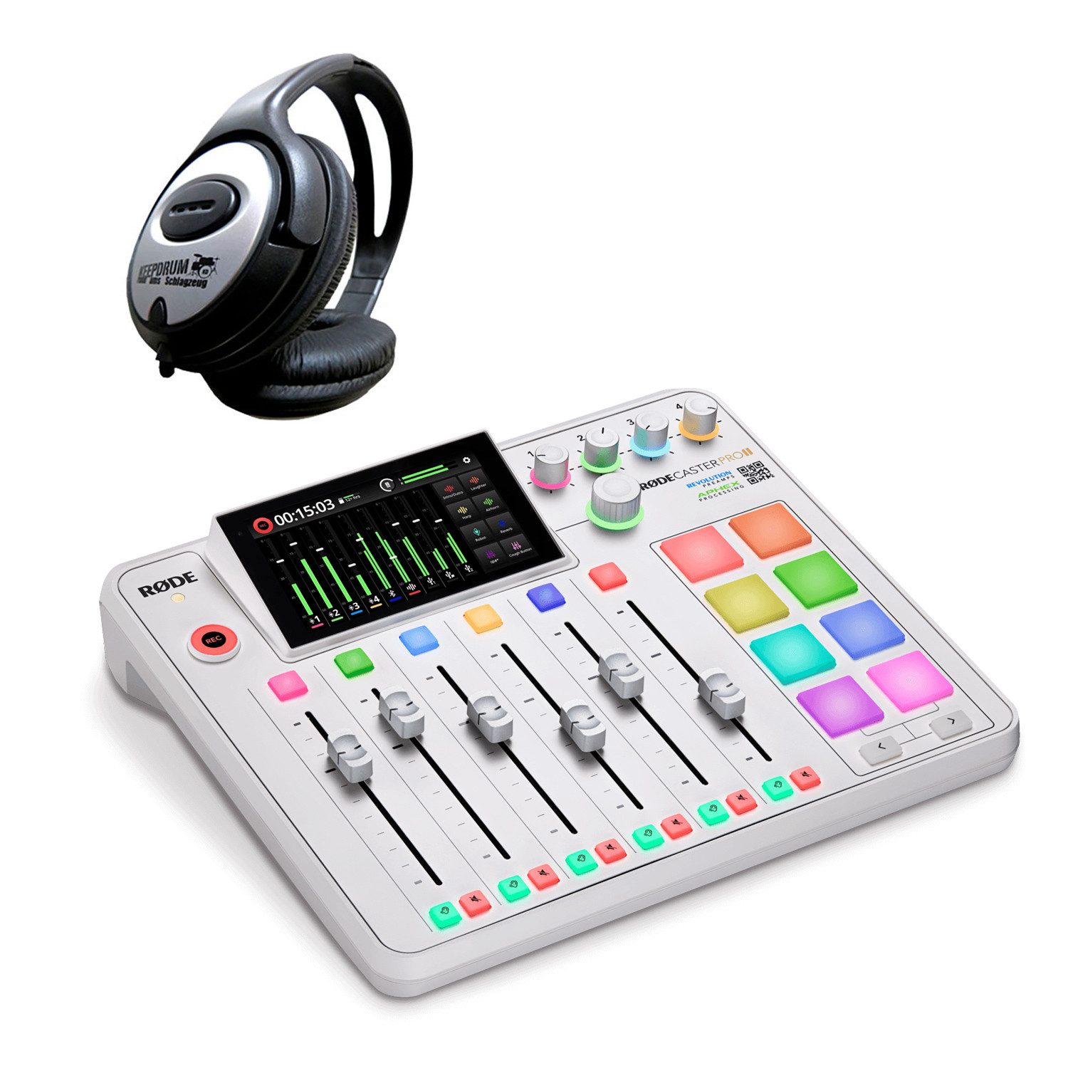 Rode Rodecaster Pro II Weiss mit Kopfhörer Digitales Aufnahmegerät
