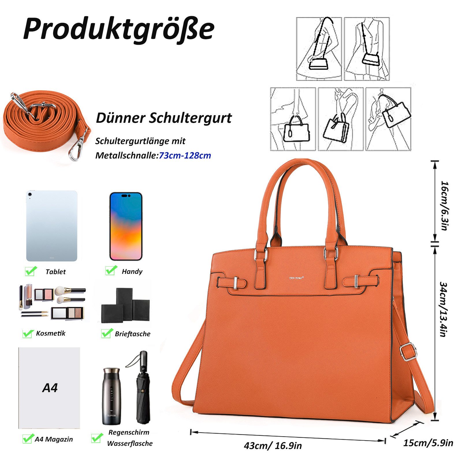 TAN.TOMI Aktentasche Handtasche Damen Shopper Damen Große Schwarz Gross Laptop Tasche, 15.6 Zoll Elegant Leder Umhängetasche für Büro Arbeit Schule
