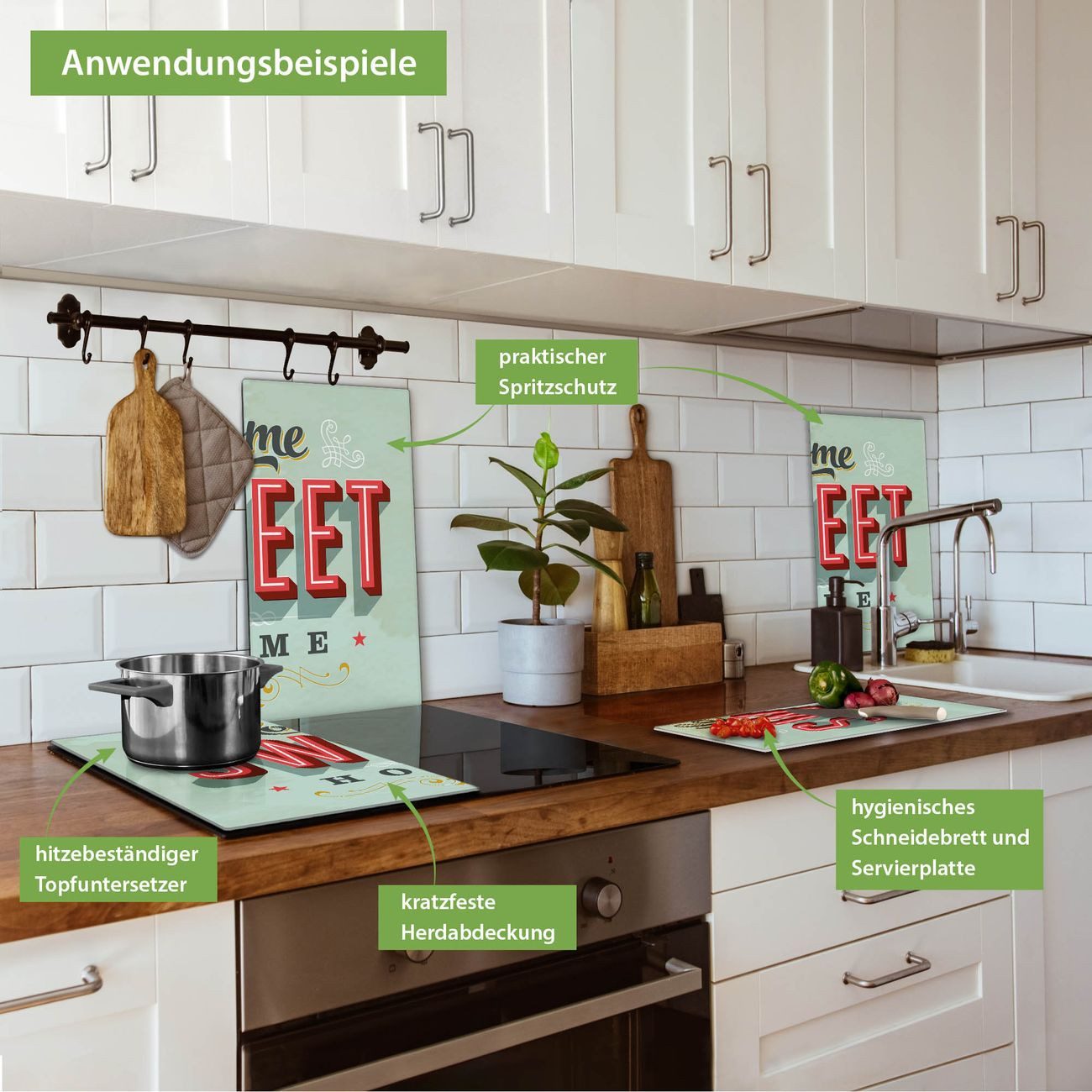 banjado Herd-Abdeckplatte zweiteilig aus Glas mit Motiv Home Sweet Home, (gehärtet, 2 tlg., inkl. selbstklebende Gummifüßchen)