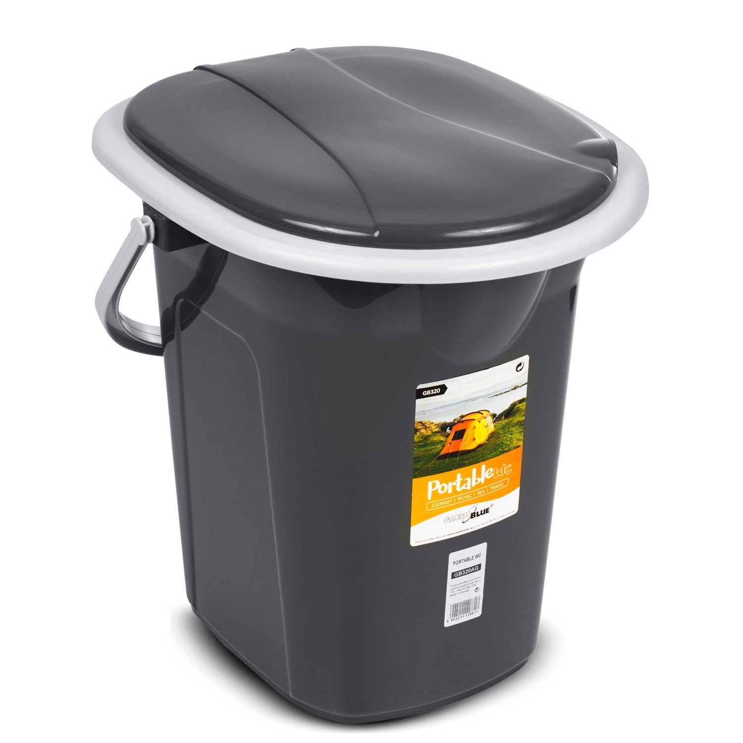 GreenBlue Campingtoilette GB320 Tragbarer Toiletten-Eimer mit Tragegriff 19L, Toilettenpapierhalter, Auskipp-Hilfe für Camping, Wohnwagen, Boot