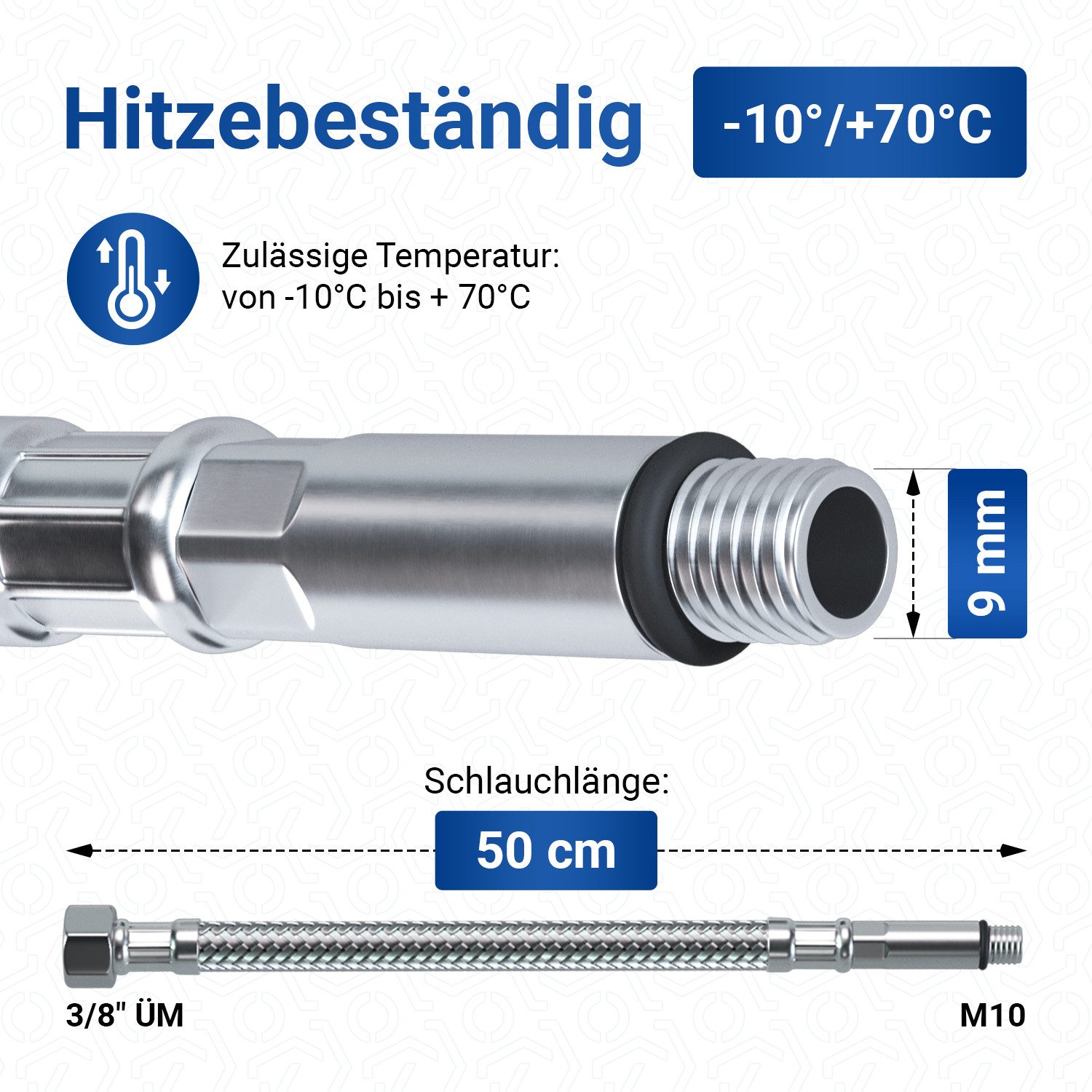 VIOKS Flexschlauch Panzerschlauch 3/8 Zoll ÜM x M10, mit Dichtung 30 bis 300 cm für Sanitär – Bild 3 von 5