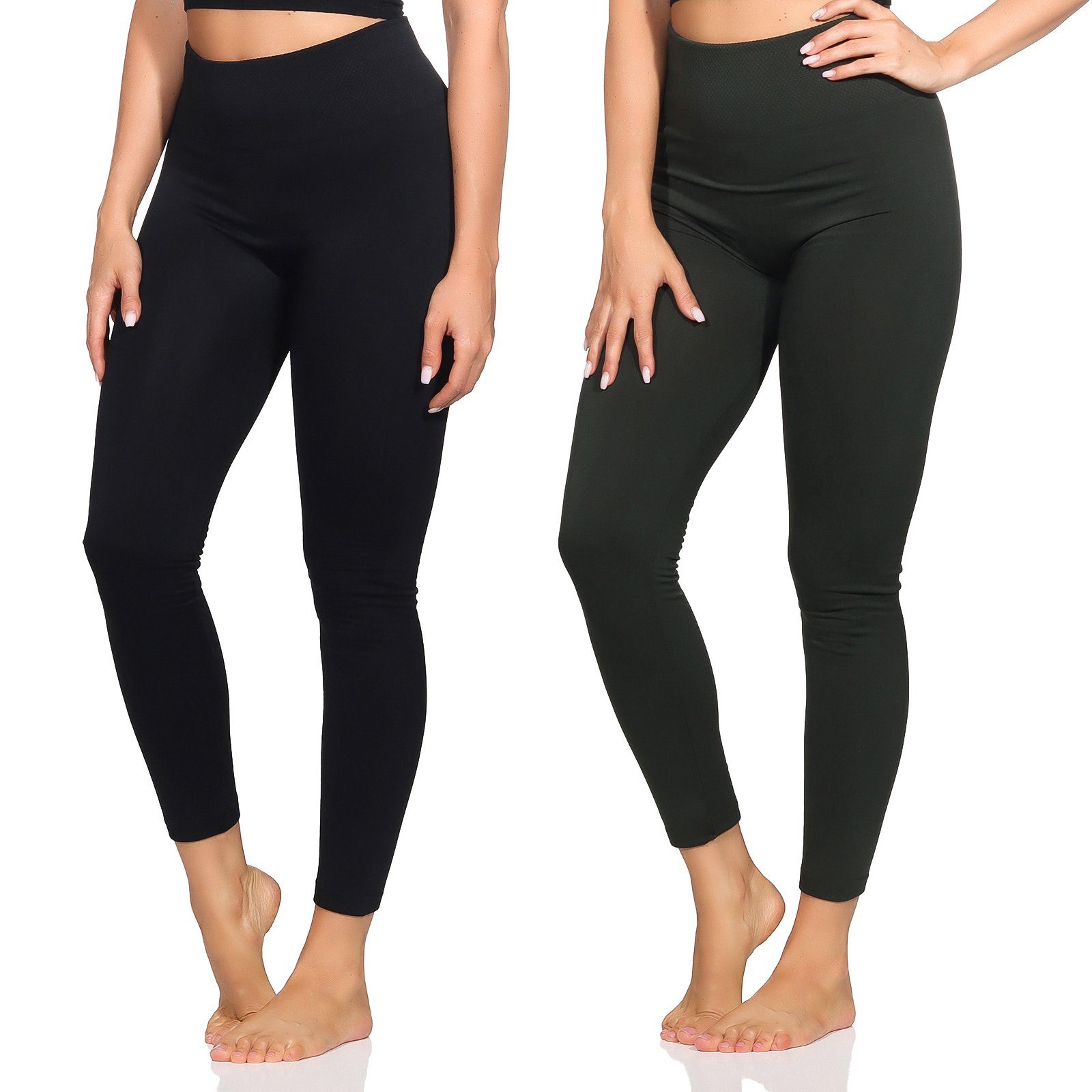 Aurela Damenmode Thermoleggings Damenleggings leicht angeraute Thermoleggings Skiunterwäsche (1-tlg) mit hohem Komfortbund (Wabenbund), max. Körpergröße bis 1,69m 1x Schwarz / 1x Grün