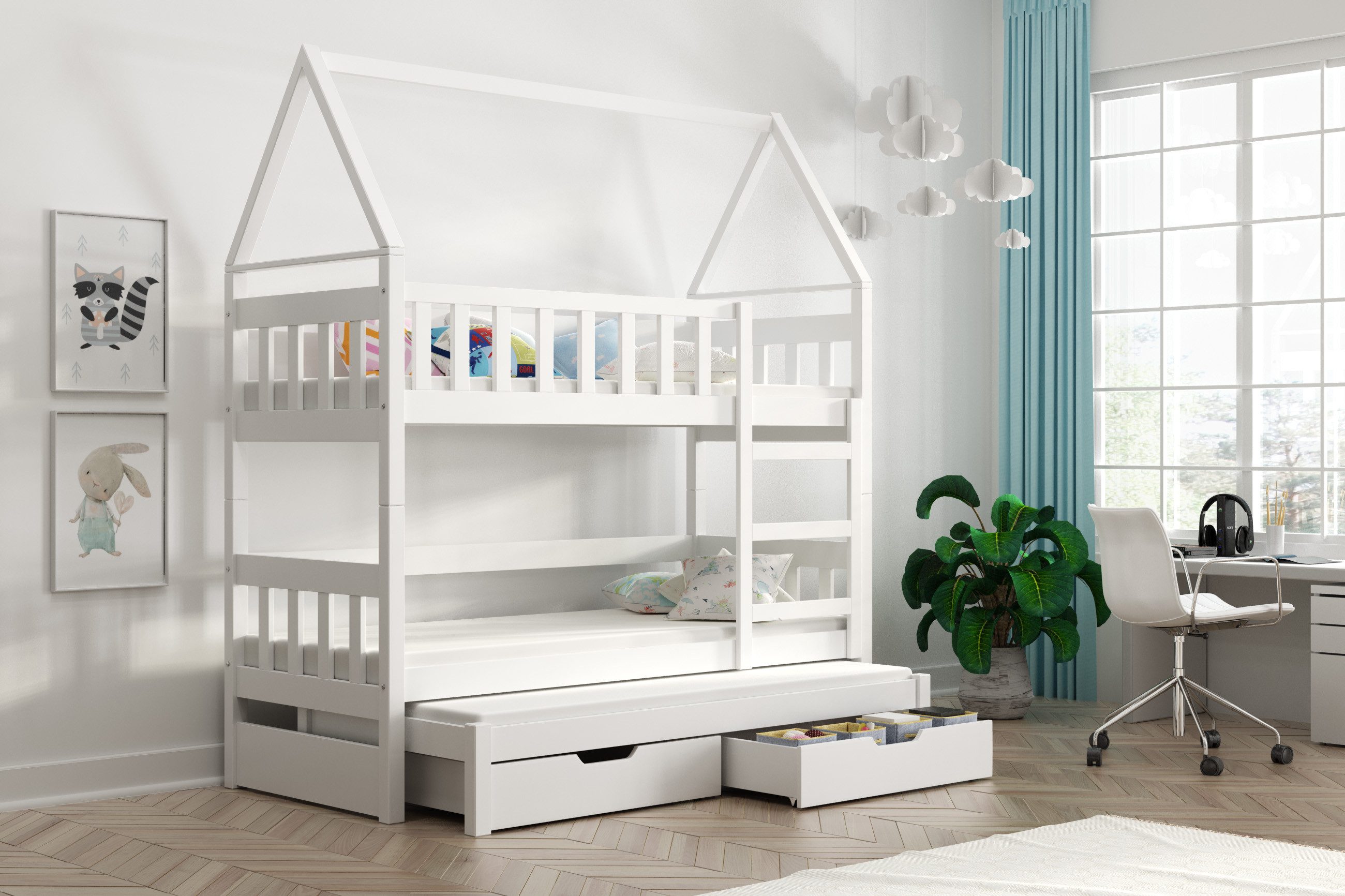 Hochbett mit abnehmbaren Rausfallschutz Haus Etagenbett Stockbett für 3 Kinder