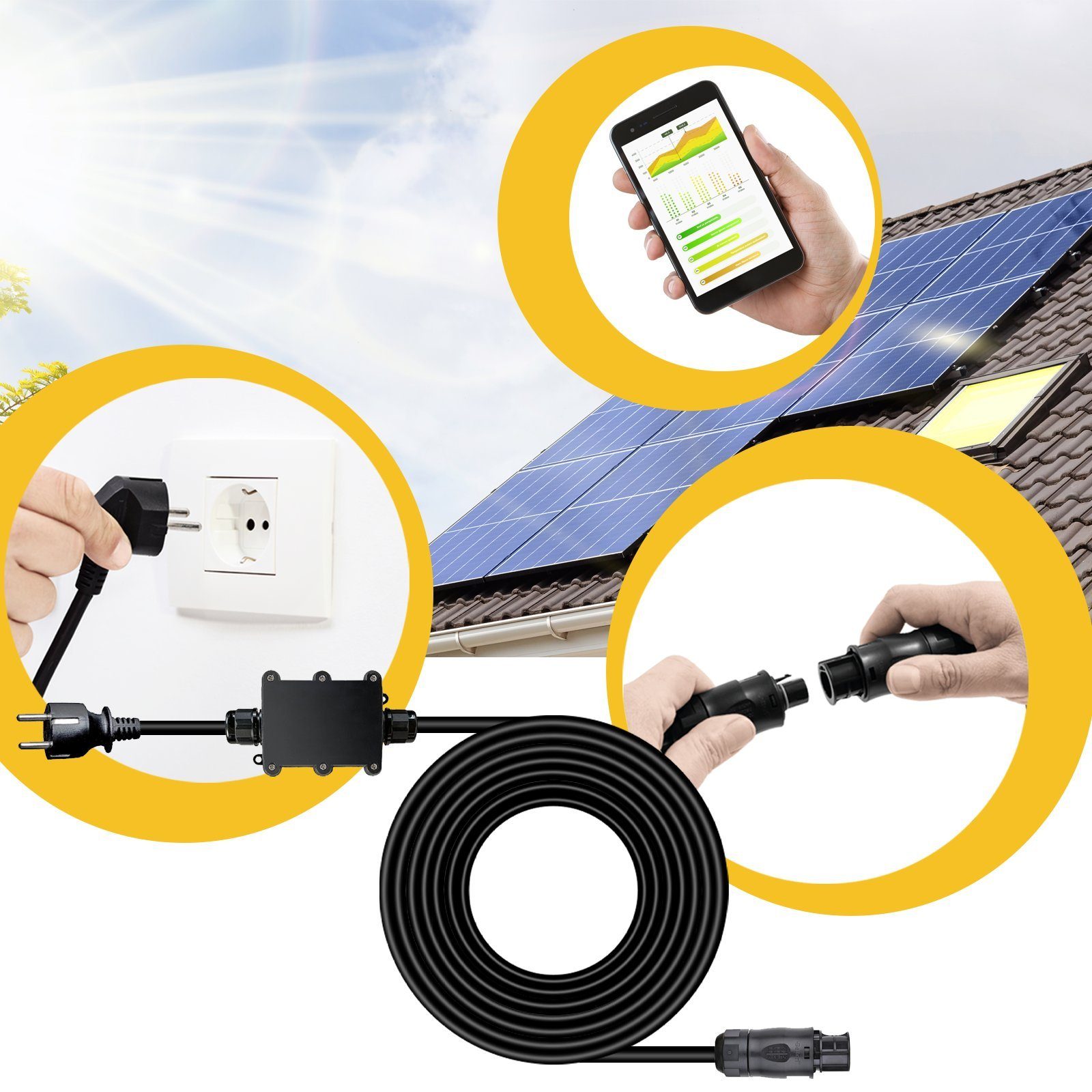 SUNNIVA Anschlusskabel für Mikrowechselrichter BC01 Buchse Solarkabel, Typ F (Schuko), (500 cm), Schukosteckdose WIFI für Solaranlage Balkonkraftwerk, Mini PV-Anlage