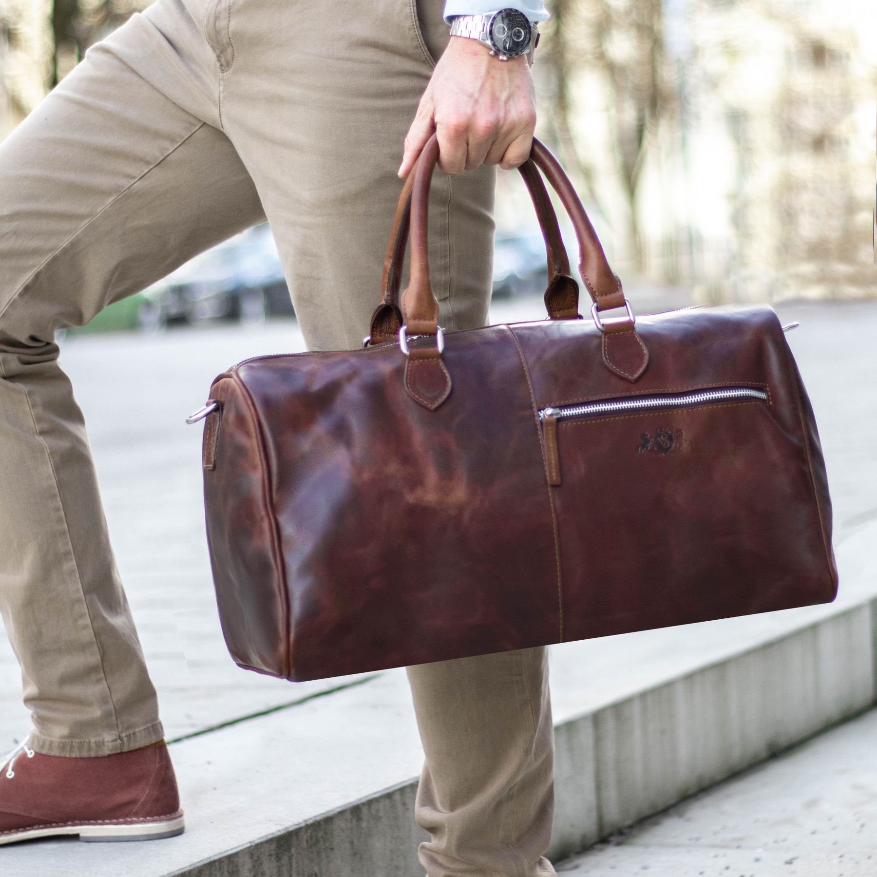 SID & VAIN Reisetasche echt Leder Weekender groß Ledertasche braun SEATTLE, Echtleder Reisegepäck für Damen & Herren, Sporttasche XL braun-cognac