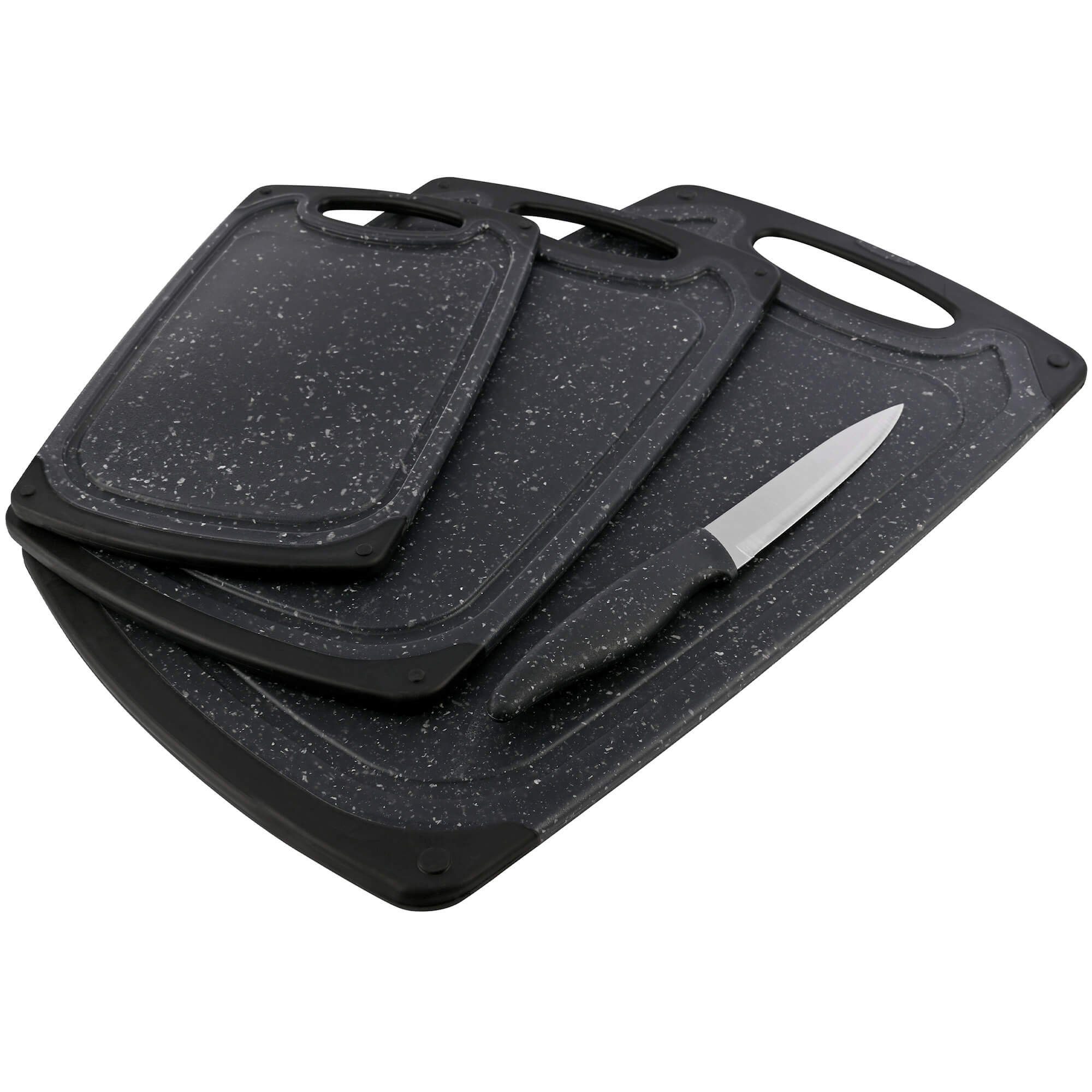 GRÄWE Schneidebrett Schneidebrett-Set, 4-teilig, inkl. Messer, Granit-Look