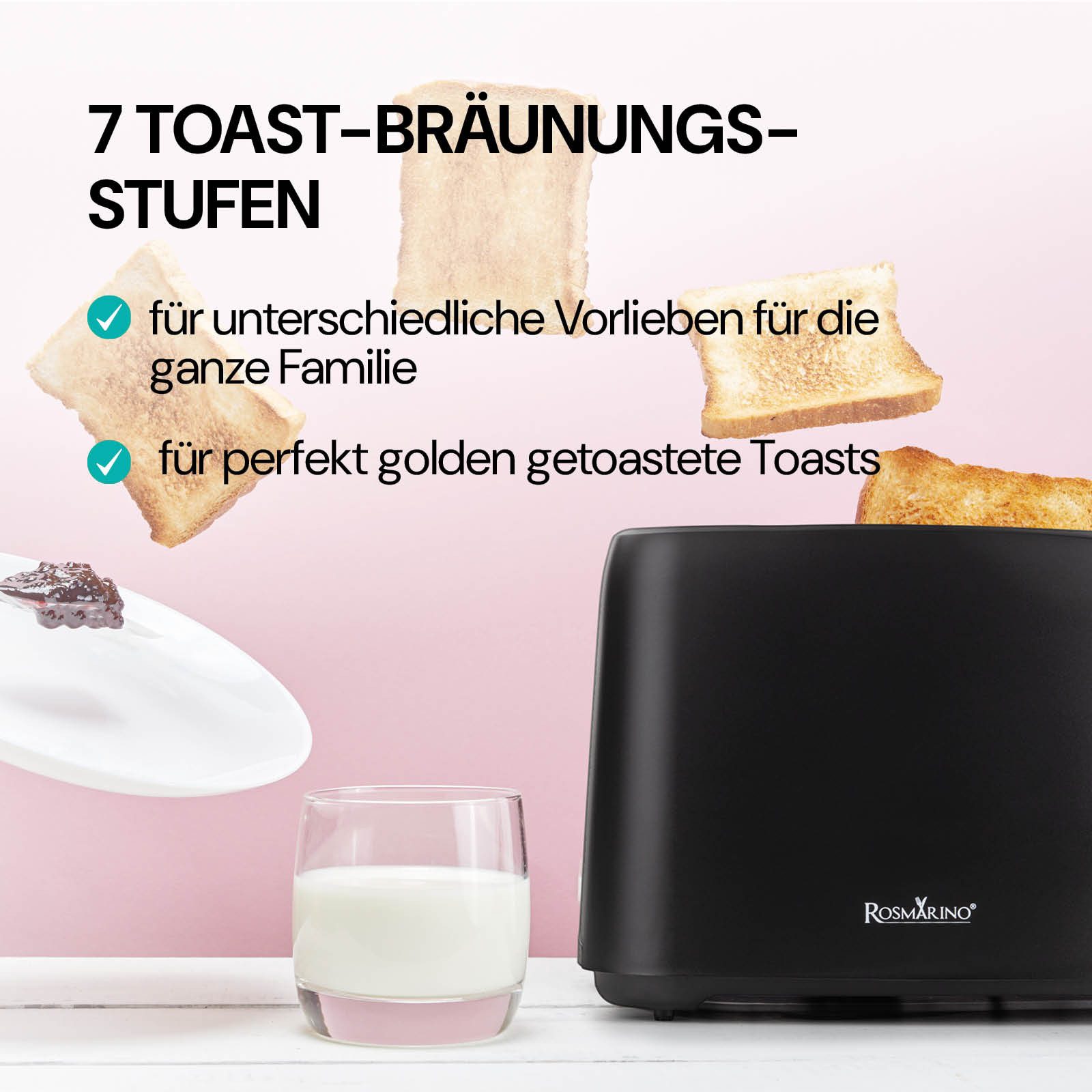 ROSMARINO Toaster Brotröster – 7 Röststufen, Aufwärmen, Auftauen, Schnellstopp, 700,00 W