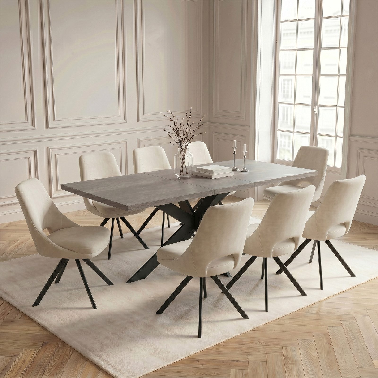 Jiexi Essgruppe Essgruppe ausziehbar 160-200cm MDF Rhein-Optik Flanell Stühle Set