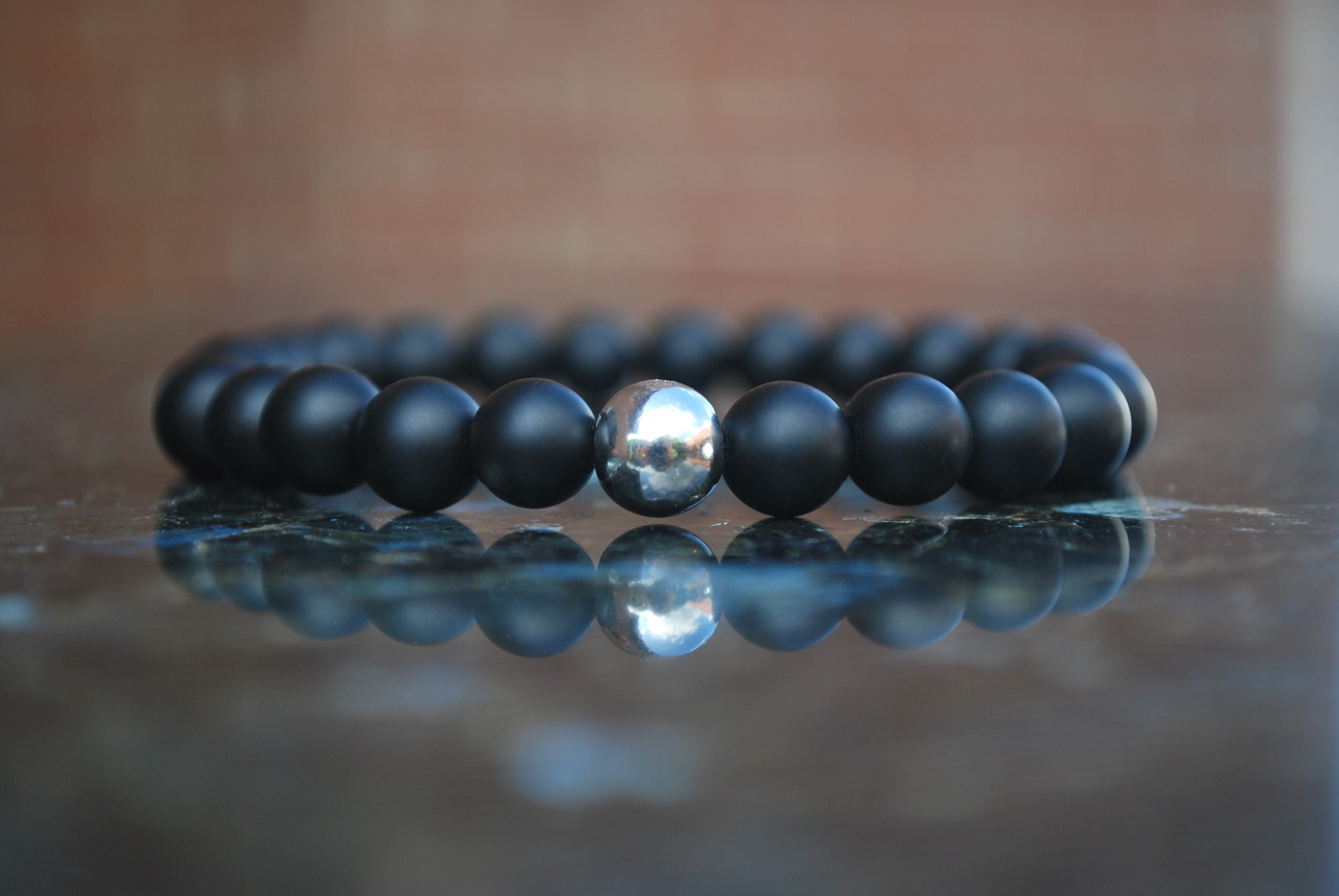 NAHLE Armband Onyx mit 925 Silberperle Perlenarmband (inkl. Schmuckbox), dehnbares starkes Band