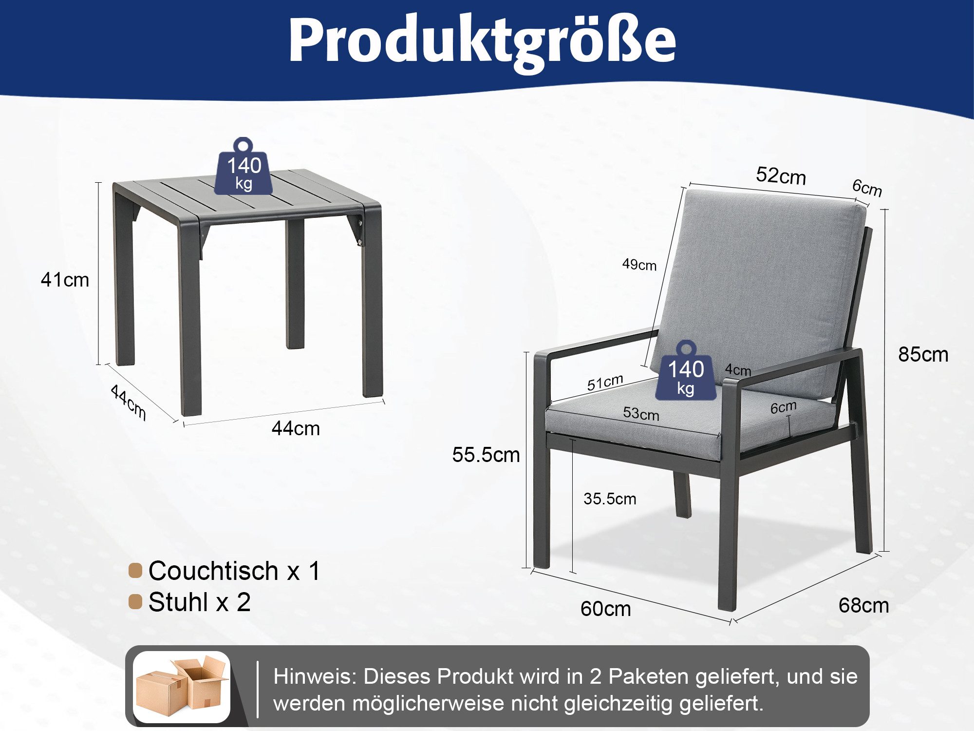 MeXo Gartenlounge-Set Lounge Gartenmöbelset Aluminium Wetterfest, (Balkonmöbel Set für 2 Personen, 3-tlg., 2 Sessel, Couchtisch 44x44x41 cm), 85 cm Rückenlehne, hoher Sitzkomfort