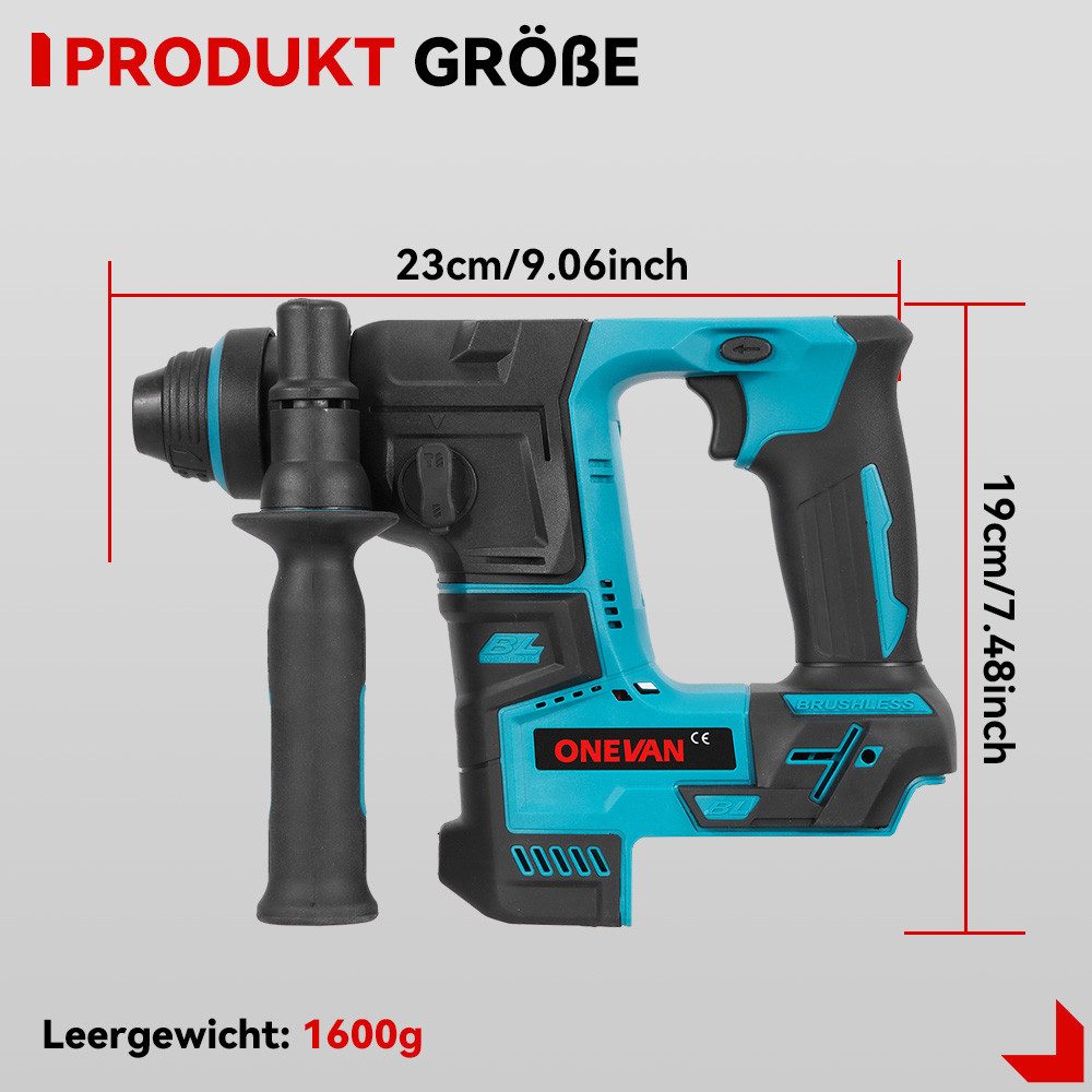 ONEVAN Akku-Bohrhammer Bürstenloser SDS-Plus Schlagbohrhammer mit 2x Akkus, max. 3000 U/min, 8x Zubehörset Hammerbohren für Beton, Mauerwerk, Wände