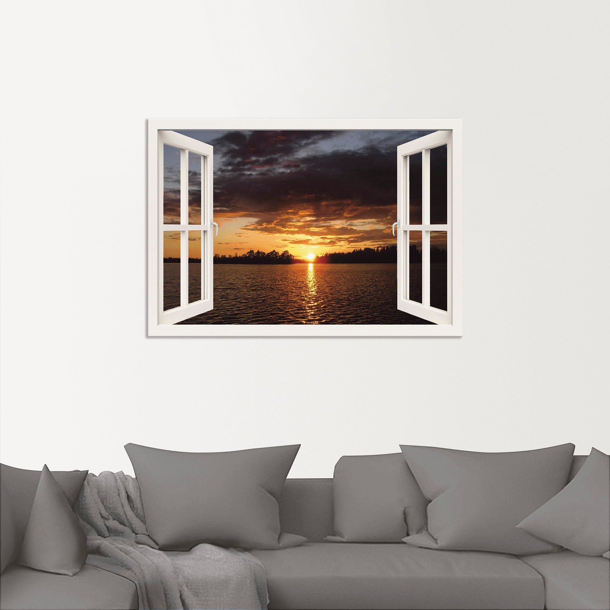 als mit See Artland Fenster, in Seebilder versch. Poster Alubild, Wandbild St), oder am Sonnenuntergang Größen Leinwandbild, (1 Wandaufkleber