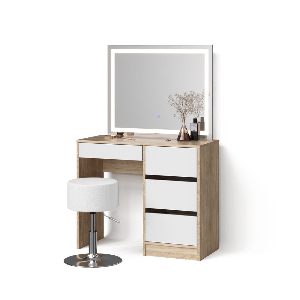 Livinity® Schminktisch Imola, Sonoma/Weiß, mit LED-Spiegel und Hocker (3-St)