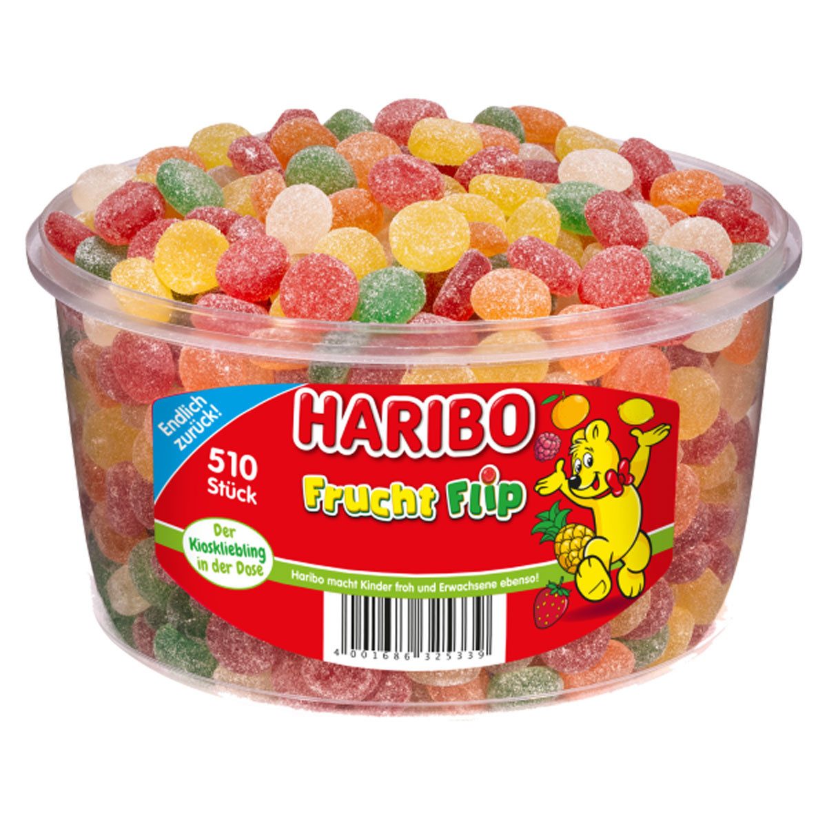 HARIBO Süßigkeit, Haribo Frucht Flip 510 gezuckerte Fruchtgummi Drops sortiert 1275g