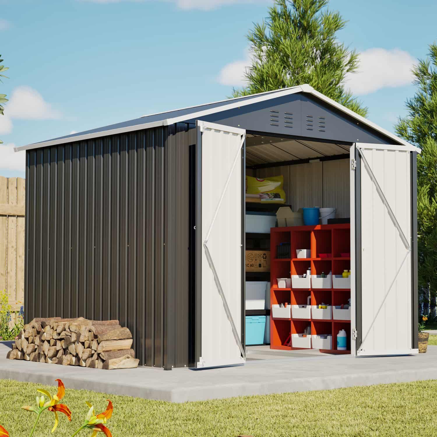 ANYSUN Gartenhaus Metall Gerätehaus mit Fundament, 240 × 192,3 × 191 cm, abschließbar., (1 Gerätehaus inkl. Gratis-Zubehörset mit Vorhängeschloss und Handschuhen), Beschichteter Stahl, wind- und feuchtigkeitsfest, Schiebetür, belüftet