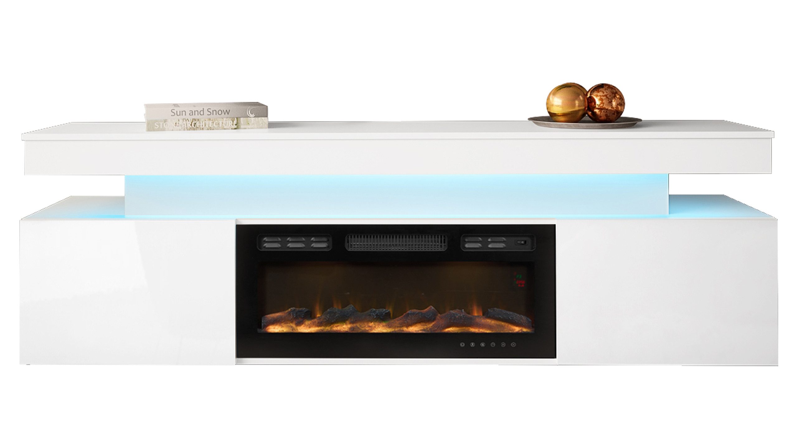 MIRJAN24 TV-Schrank EF 2D Glossa mit Kamin (mit zwei Drehtüren) mit blauer LED-Beleuchtung, Realistische LED-Flamme