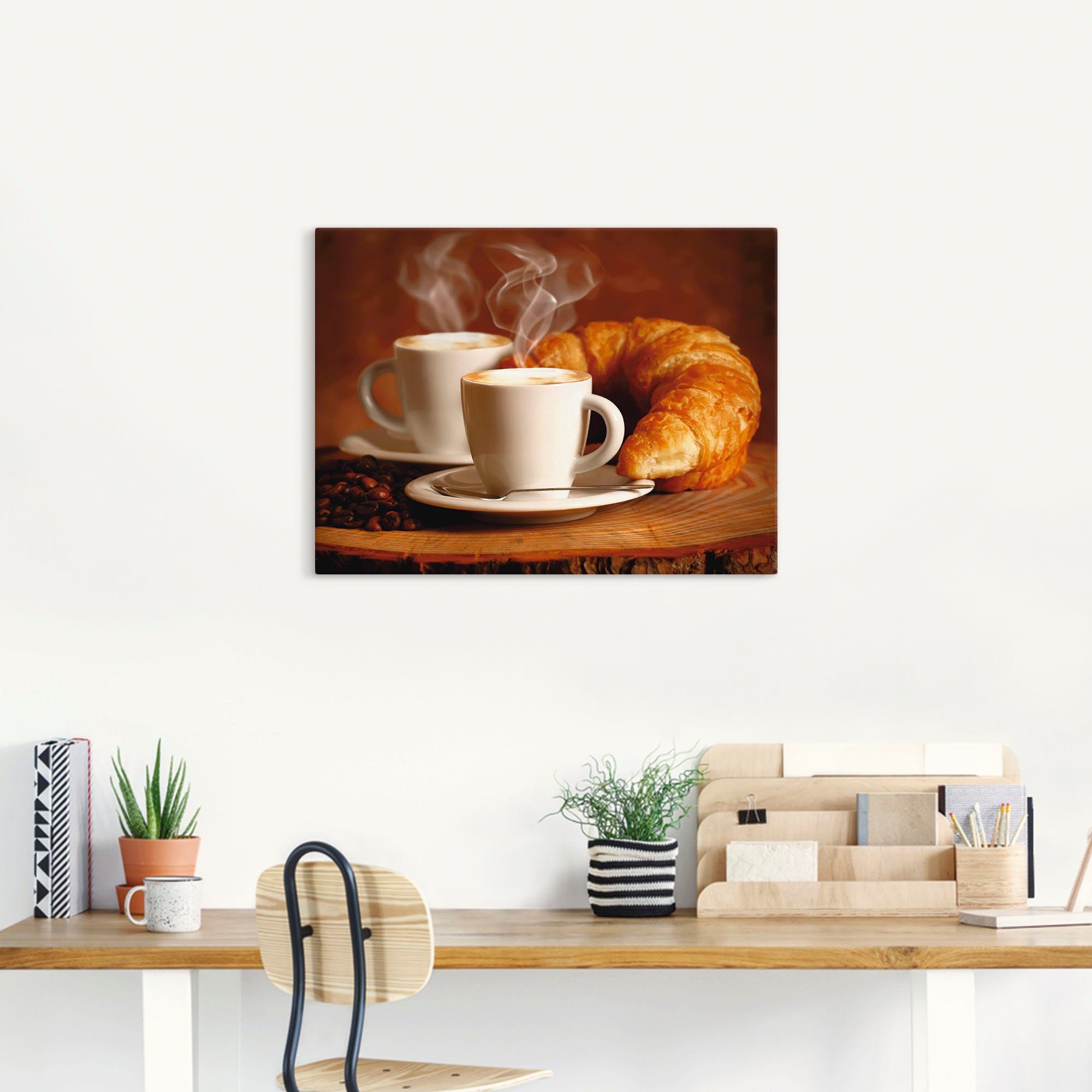 Artland Leinwandbild Dampfender Cappuccino und Croissant, Getränke (1 St), auf Holzrahmen gespannt