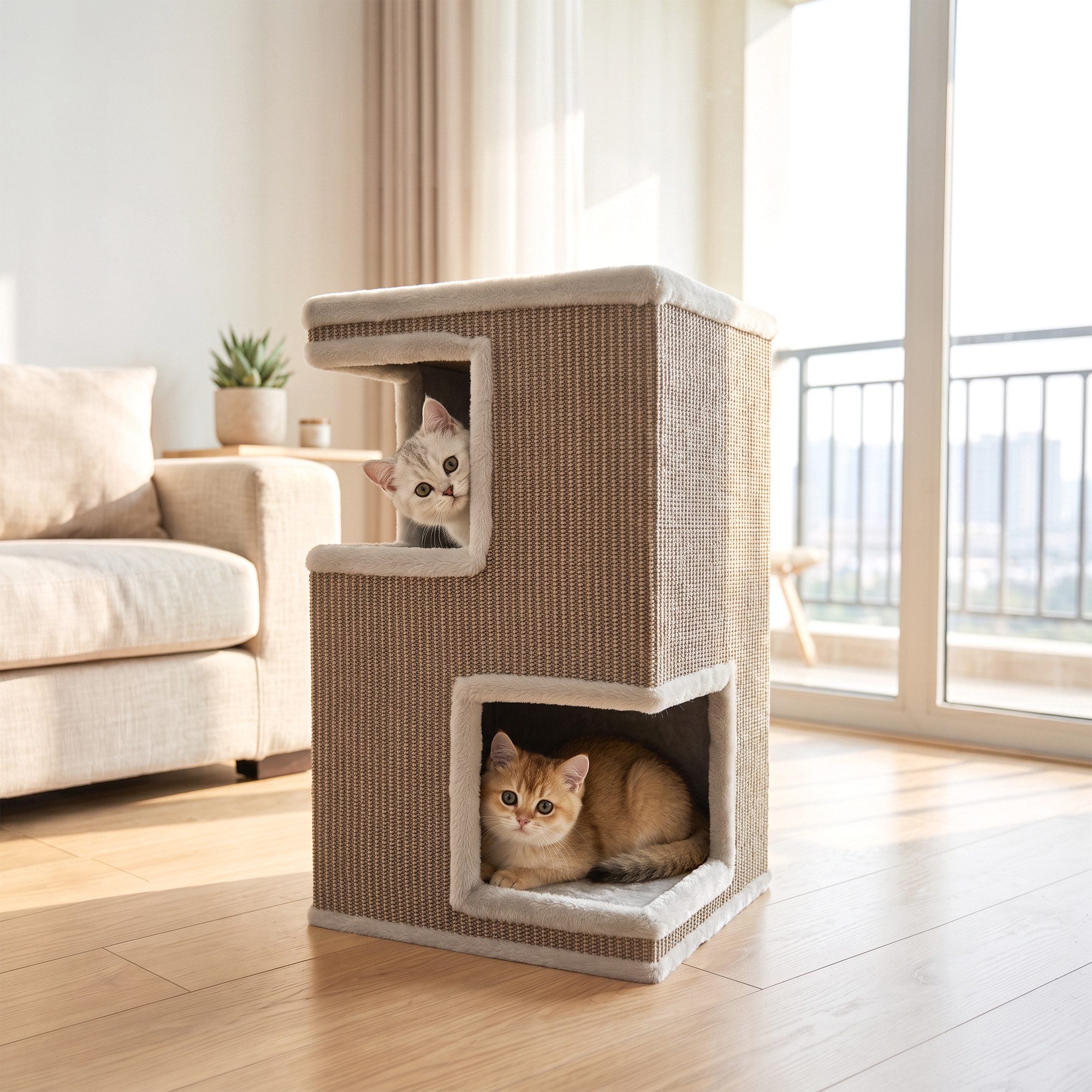 PawHut Kratztonne Katzenhaus für Wohnungskatzen, (Set, 1-tlg., 1x Kratztonne mit 2 Kissen), 3 Ebenen, rundum Sisal, vormontiert