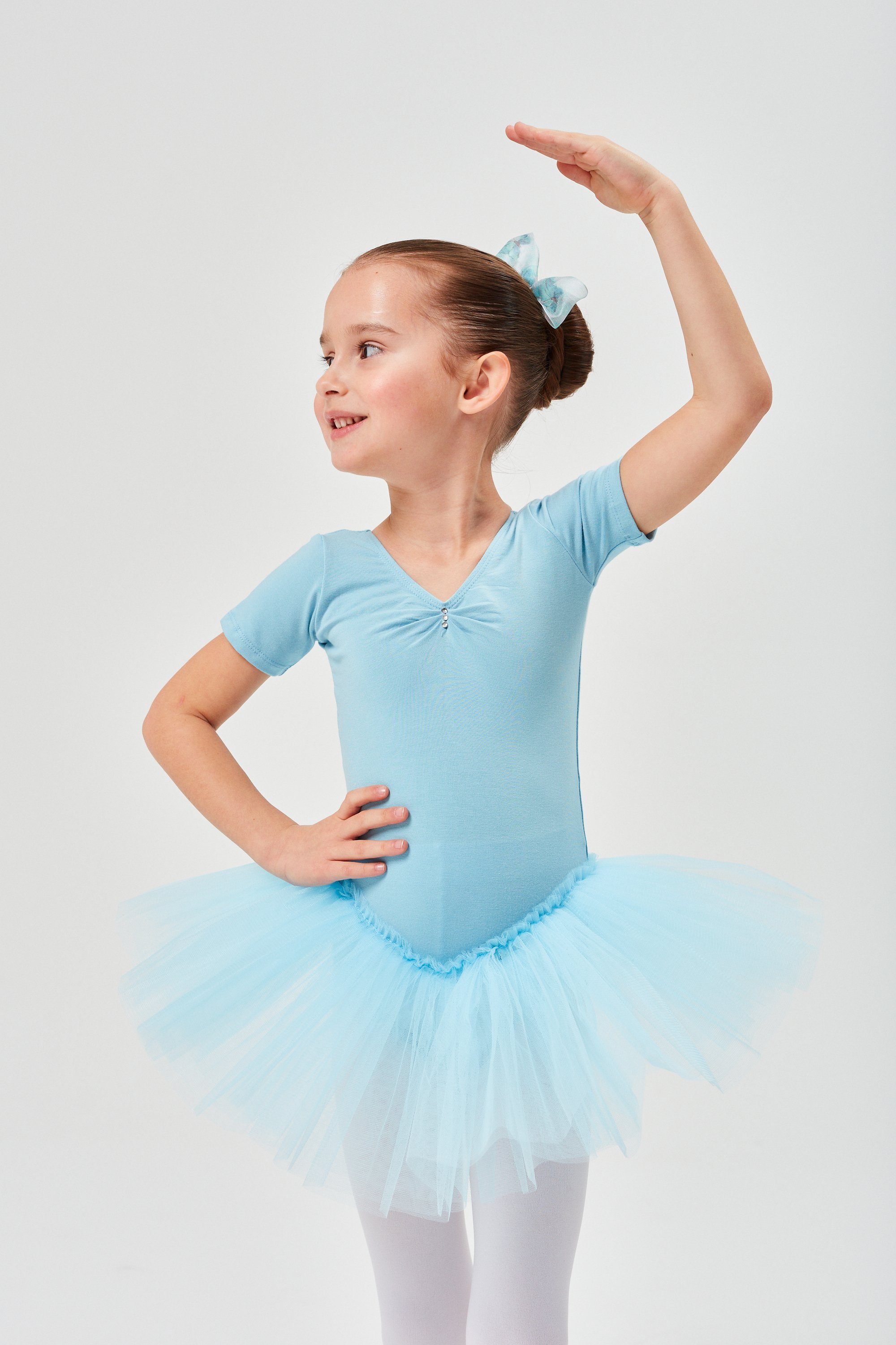 tanzmuster Tüllkleid Ballett Tutu Nele mit Glitzersteinen Kurzarm Ballettkleid aus weicher Baumwolle mit Tüllrock für Mädchen hellblau