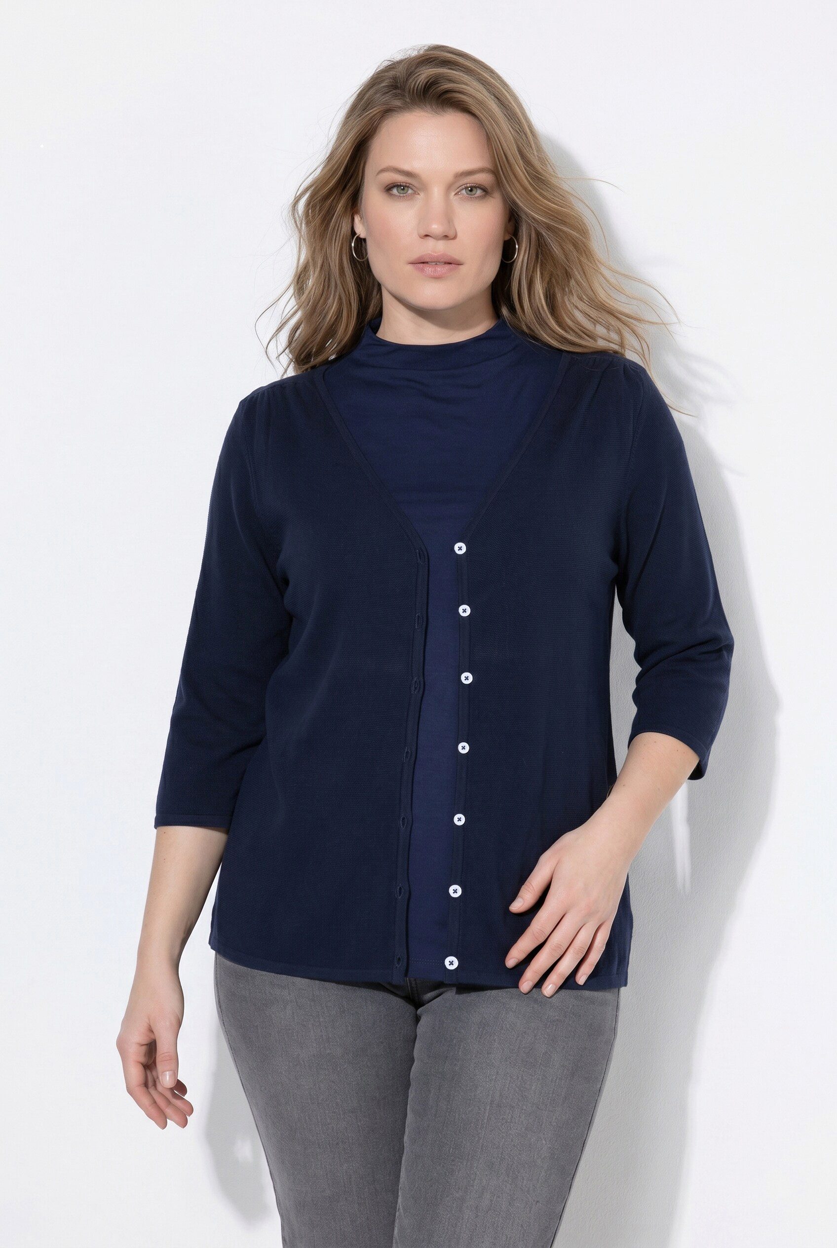 Ulla Popken Strickjacke Strickjacke V-Ausschnitt 3/4-Arm Biobaumwolle
