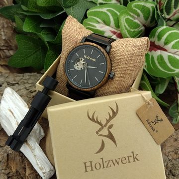 Holzwerk Automatikuhr COESFELD Herren Edelstahl & Holz Armband Uhr, matt schwarz, braun