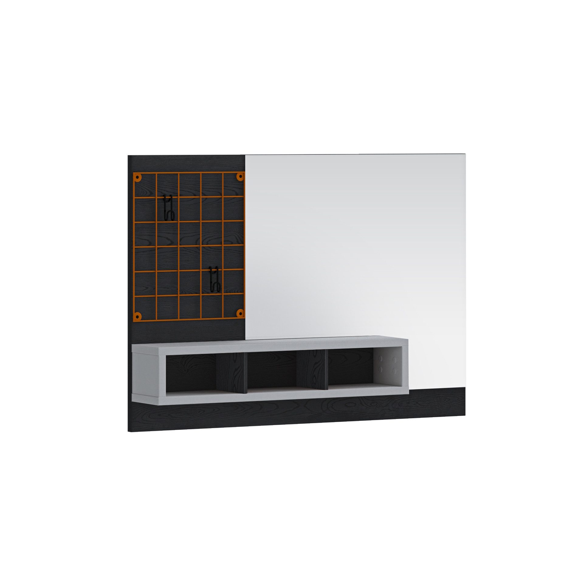 Möbel-Zeit Wandspiegel TREND mit Ablage & Metallgitter – Schwarz/Weiß/Orange – 3 Regalfächer