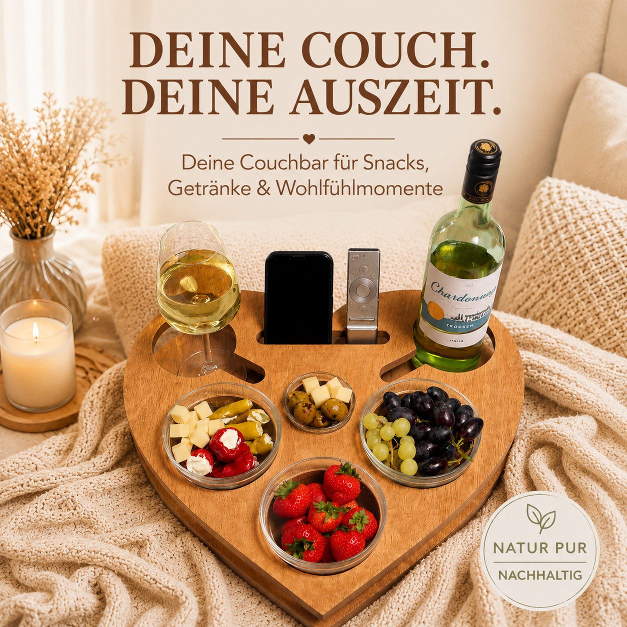 PEGSEN Servierplatte Couchbar Snackbox Herz mit 4 Snackschalen Sofa Tablett, Birkenholz, (lebensmittelechte Glasschalen), passend für Kaffeetassen, Weingläser & 0,5l Flaschen