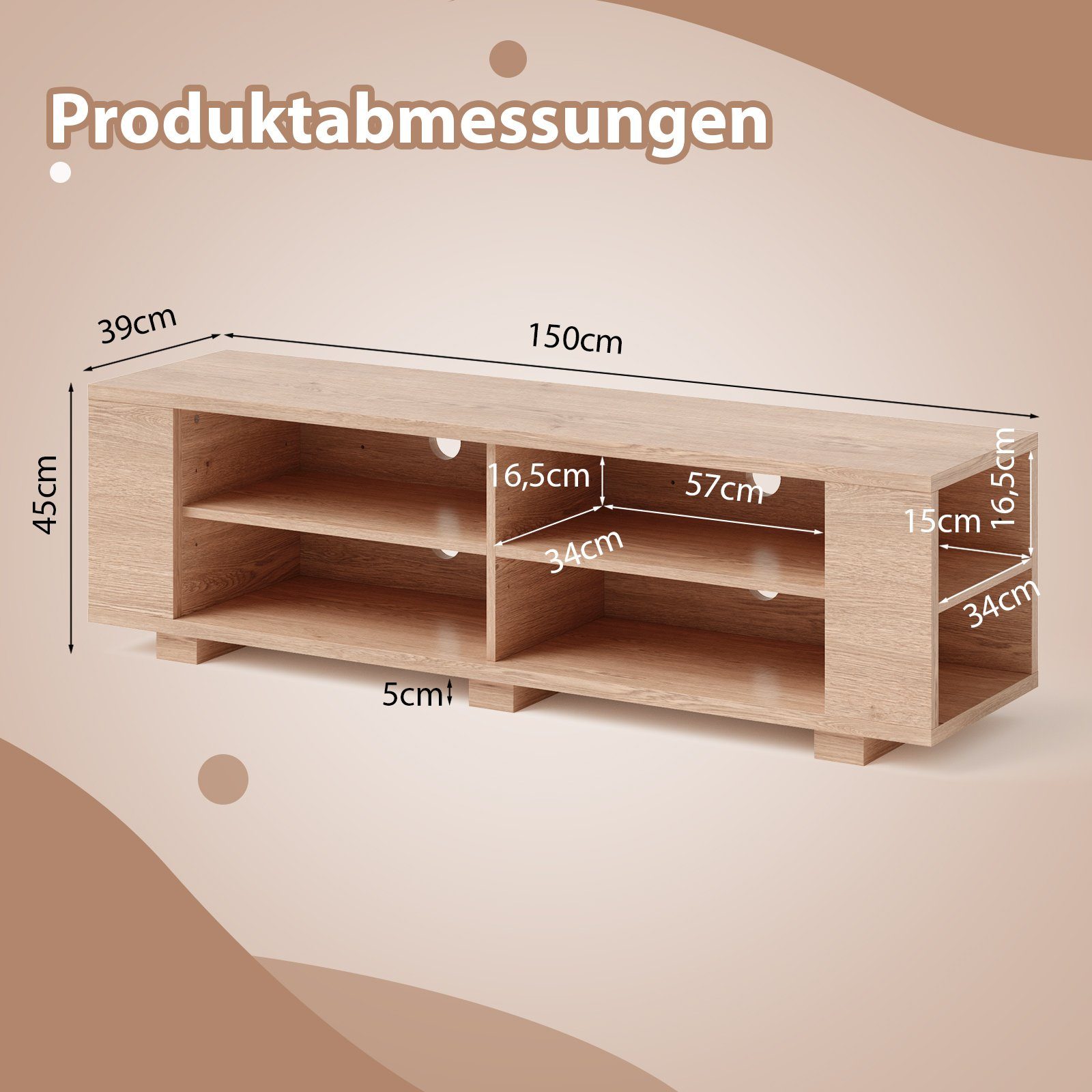 Natur mit COSTWAY Fächern, 150cm Regalen, verstellbaren TV-Schrank Holz, 8 offenen