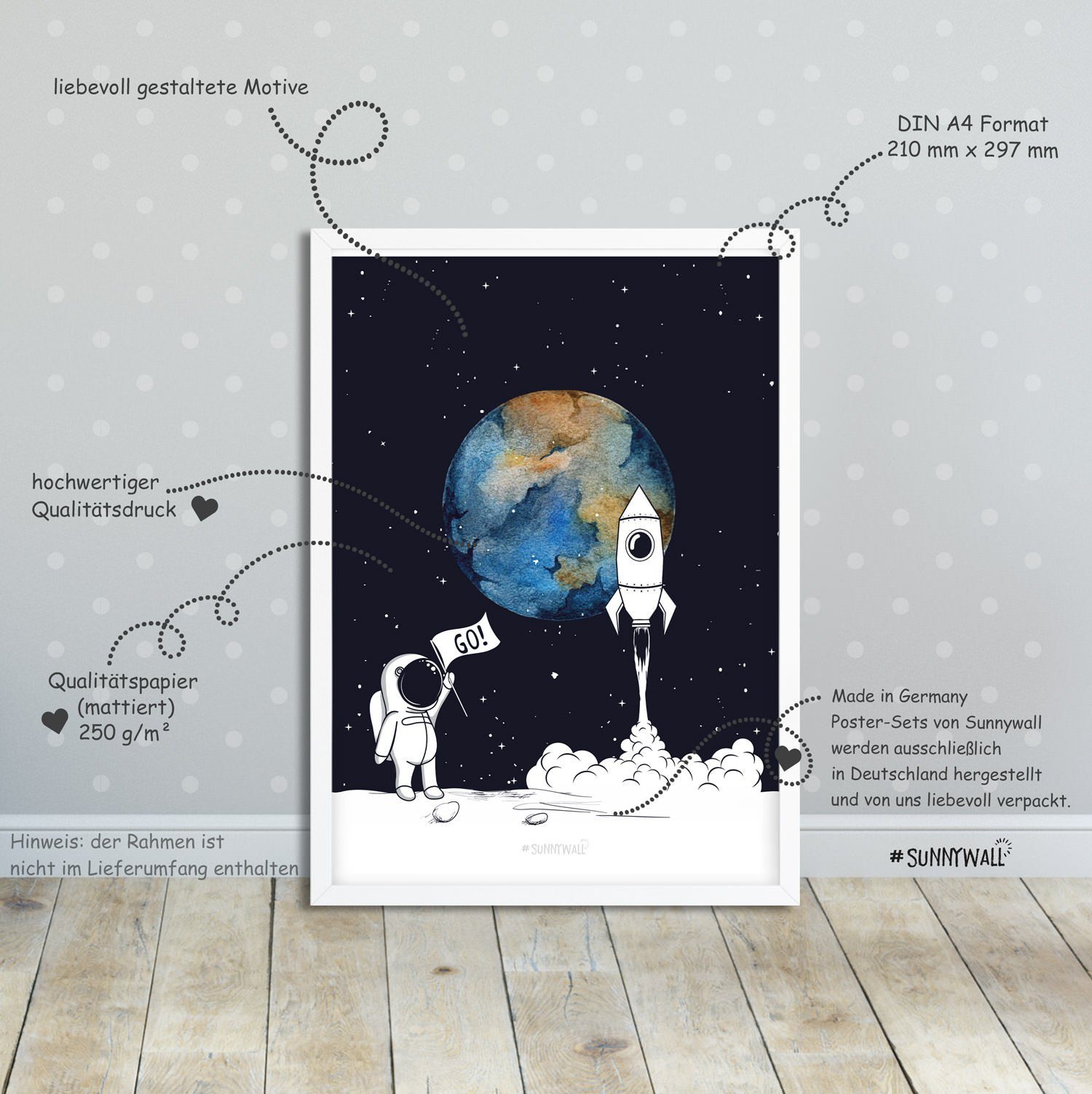 Sunnywall Poster Poster Kinderzimmer kleiner Astronaut (3er Set), Astronaut (Set), ungerahmt