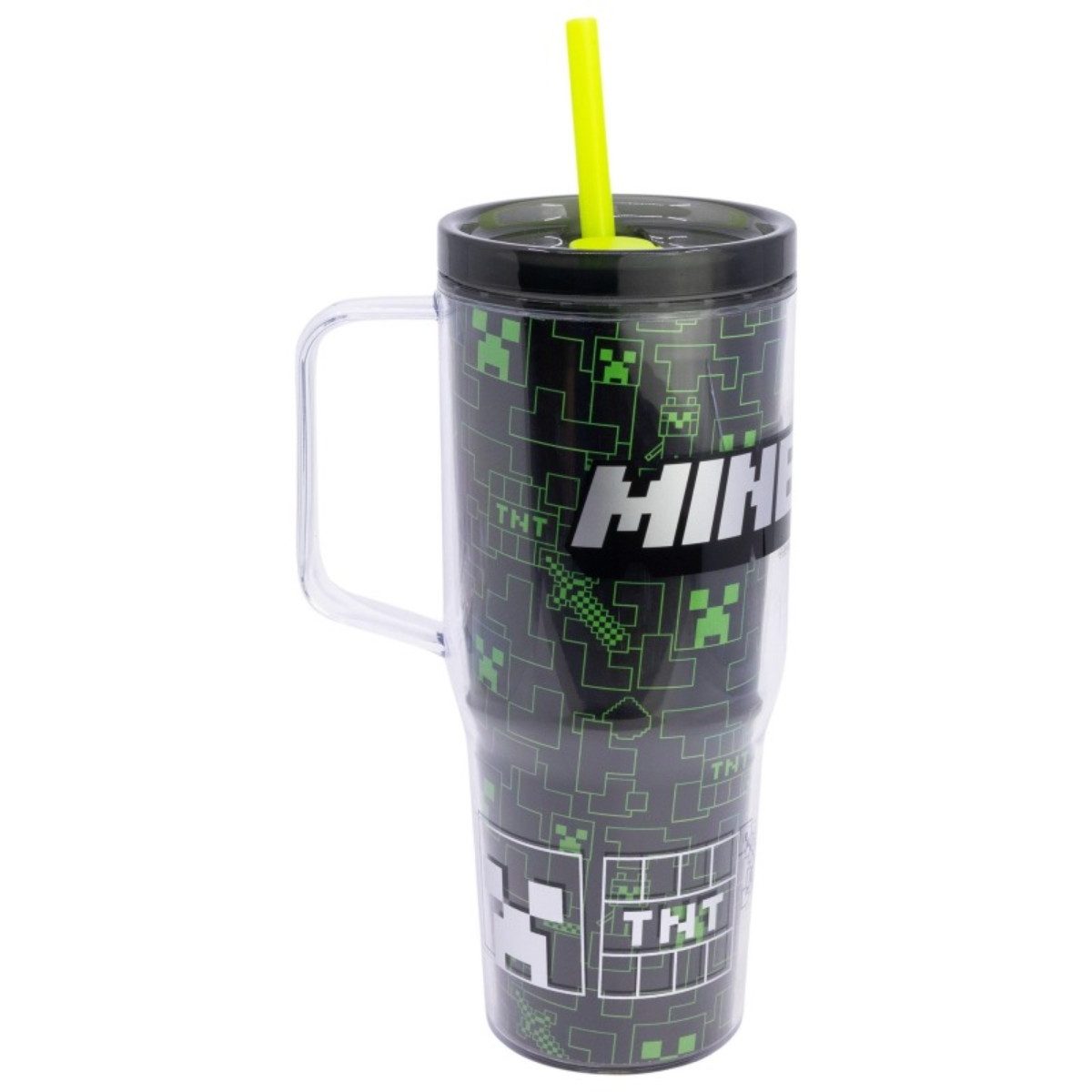 Minecraft Trinkflasche Trinkbecher mit Strohhalm und Henkel Doppelwandig 860 ml, Auslaufsicher