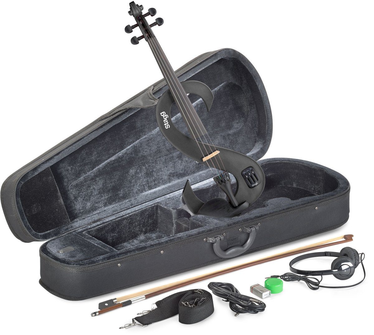 E-Violine EVN 4/4 MBK 4/4 E-Geige Schwarz Metallic Silent Violinen Set Elektr...