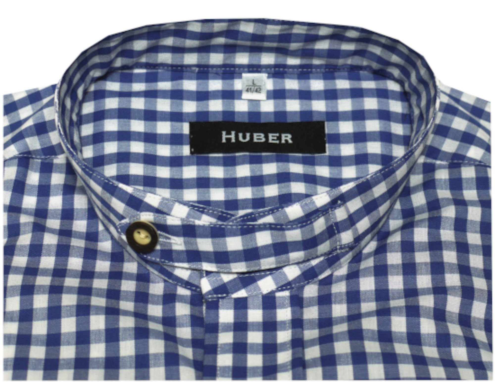 HU-0722 Huber Fit-gerader Krempelarm, Schnitt Regular mit Stehkragen Lasche, blau-weiß Trachtenhemd Hemden