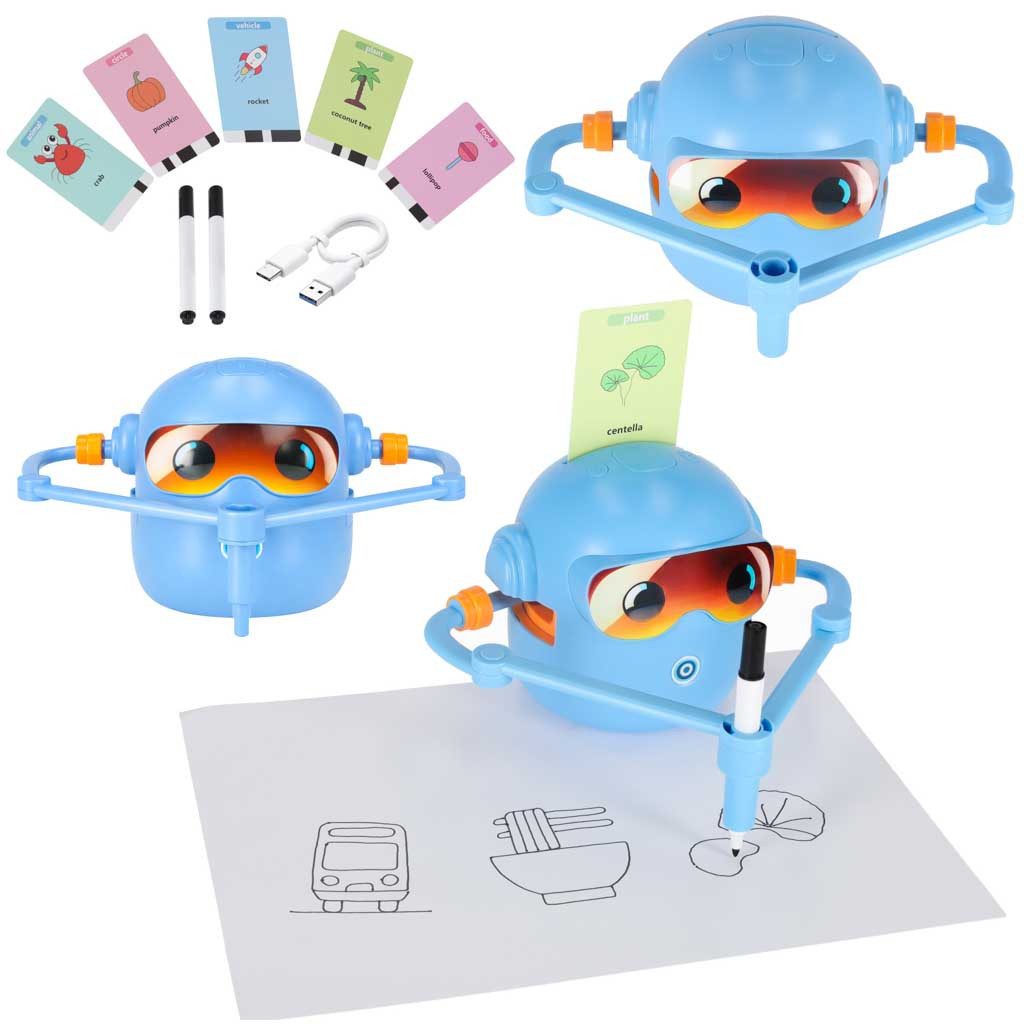 Ikonka Lernroboter Zeichenroboter Malroboter Kreativspielzeug (Spar-Set, 1-tlg), 100 Lernkarten, Englisch-Ansagen, USB-Akku, 2 Stifte