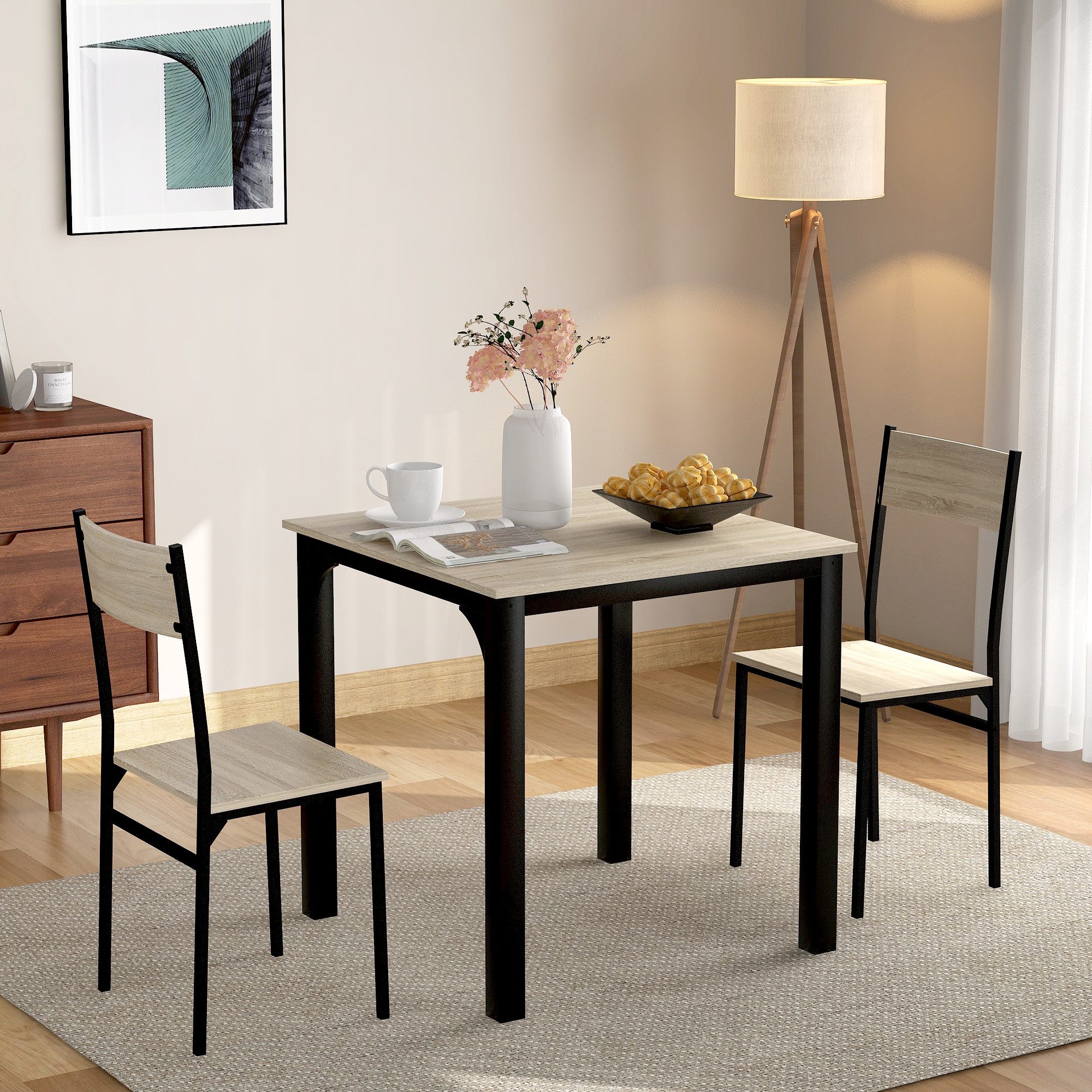 XDeer Essgruppe Sitzgruppe, Esszimmergruppe Esstisch mit 2 Stühlen, für Balkon & Esszimmer & Wohnzimmer,natürliche Farbe