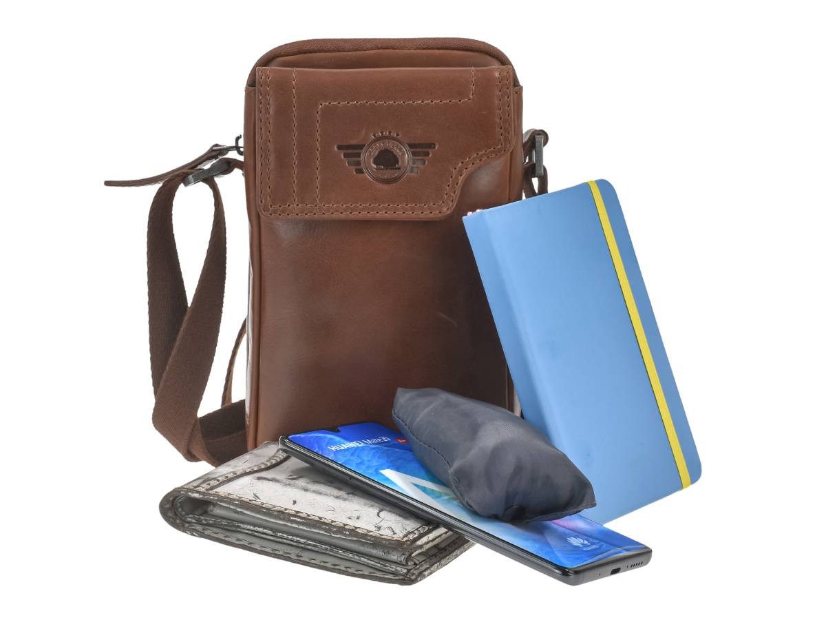 Greenburry Umhängetasche "Waxy Vintage" Handytasche zum Umhängen Leder 13x21cm, Handyfach 11x19cm mit Magnetverschluss, 150cm Schultergurt