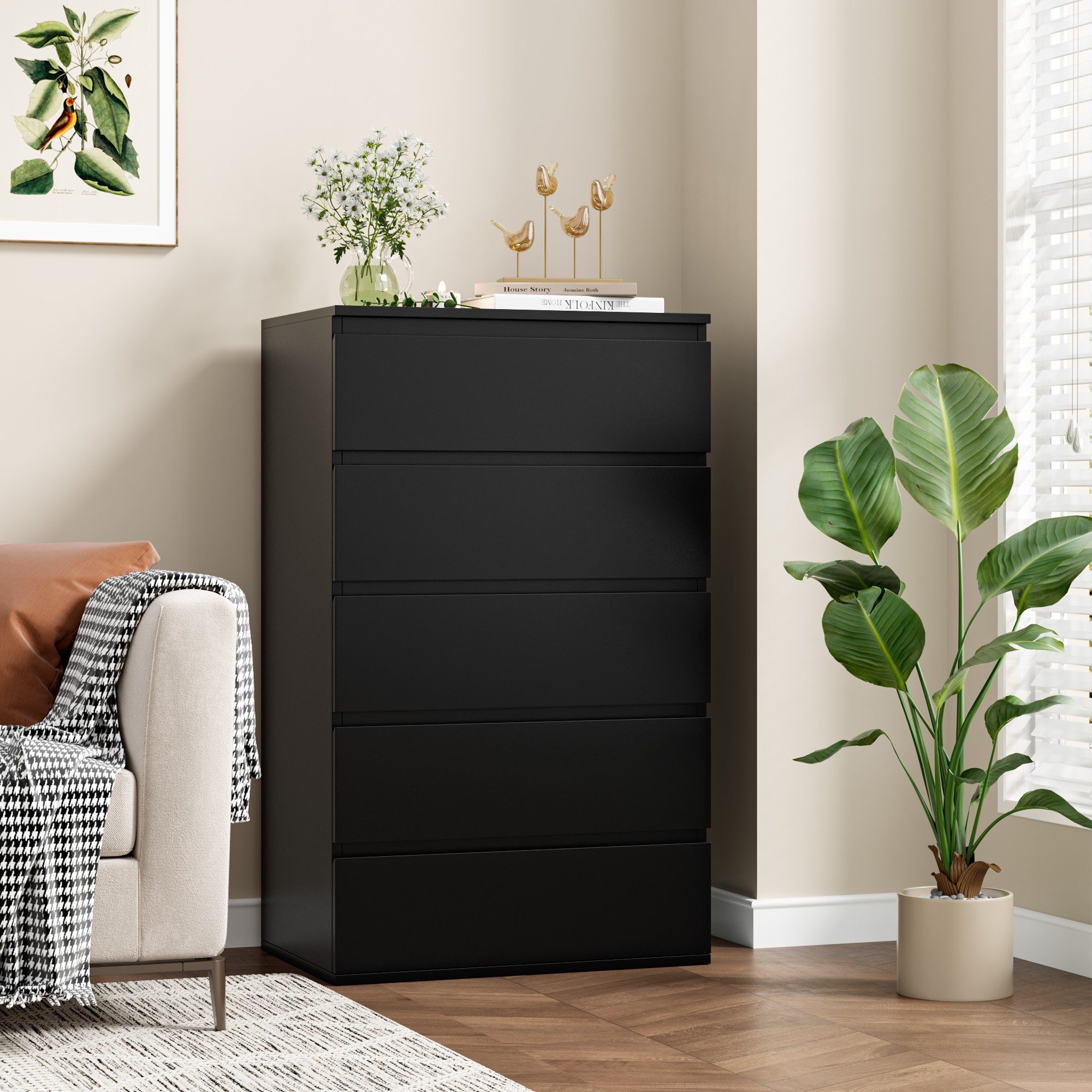 Homfa Kommode, Sideboard mit 5 Schubladen, Schubladenschrank schwarz, 60x40x100 cm