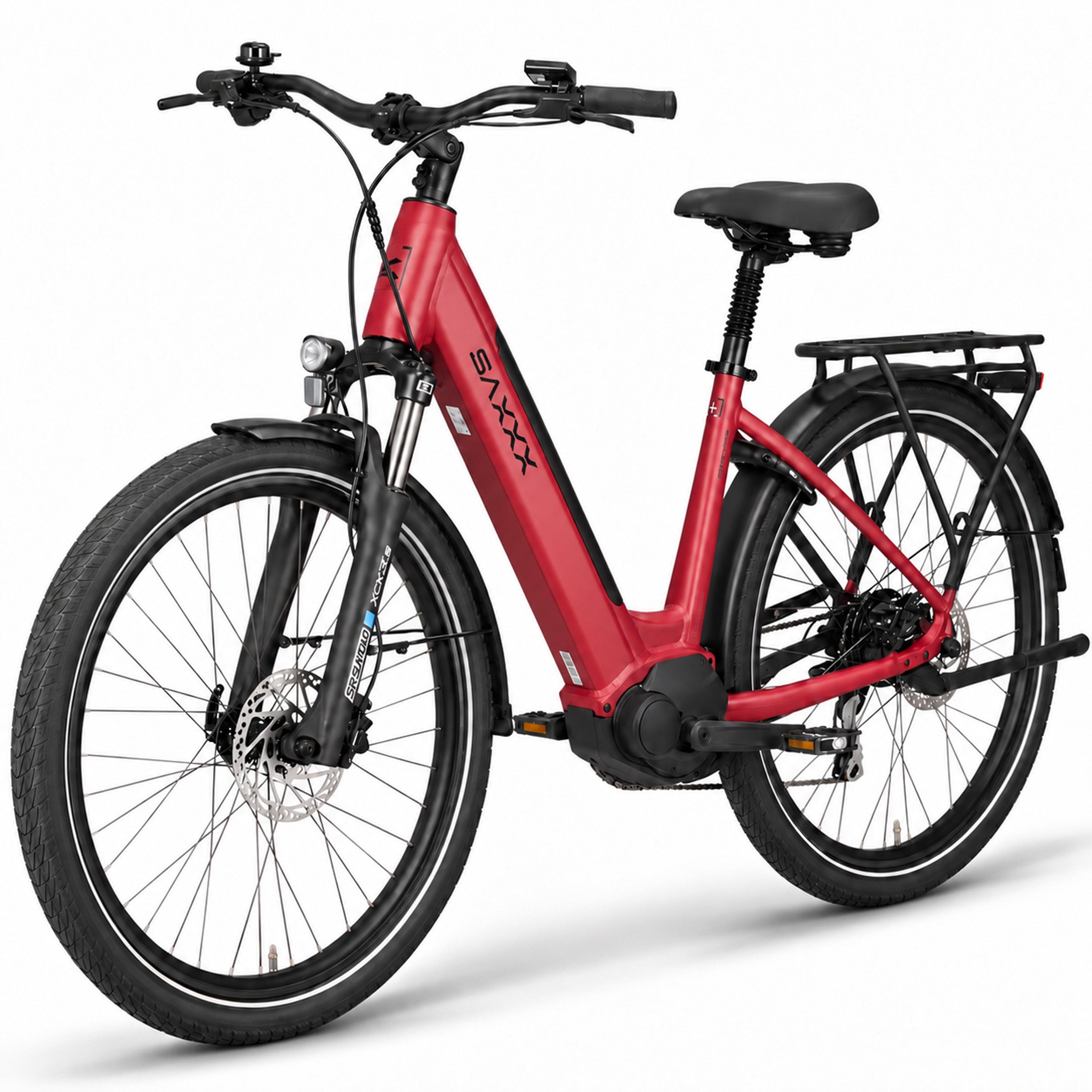 SAXXX E-Bike Damen 28 Zoll Herren, Riemenantrieb, Cityrad, Drehmomentsensor, Federsattelstütze, 7 Gang Shimano Nexus SG-C3001-7D Schaltwerk, Nabenschaltung, Mittelmotor, 468 Wh, (LCD-Farbdisplay, 5 Stufen, Alu-Tiefeinsteiger, hydr. Scheibenbremsen), bis 100km, Synchronriemenantrieb, Elektrofahrrad, 95 % vormontiert