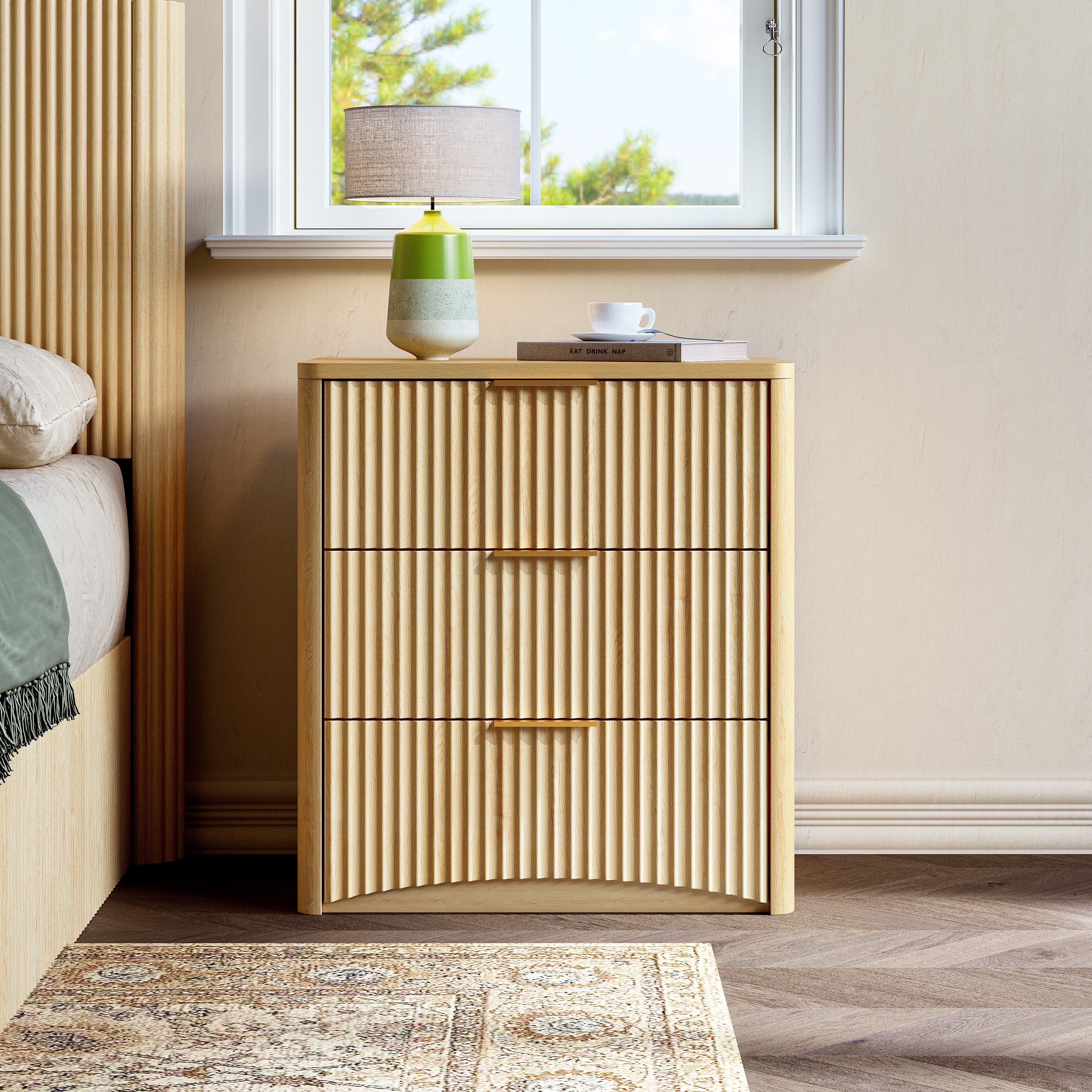MODFU Nachttisch Metallgriffe, geräuscharme Führung (mit 3 Schubladen, einzigartiges Rillendesign), Kommode Schrank