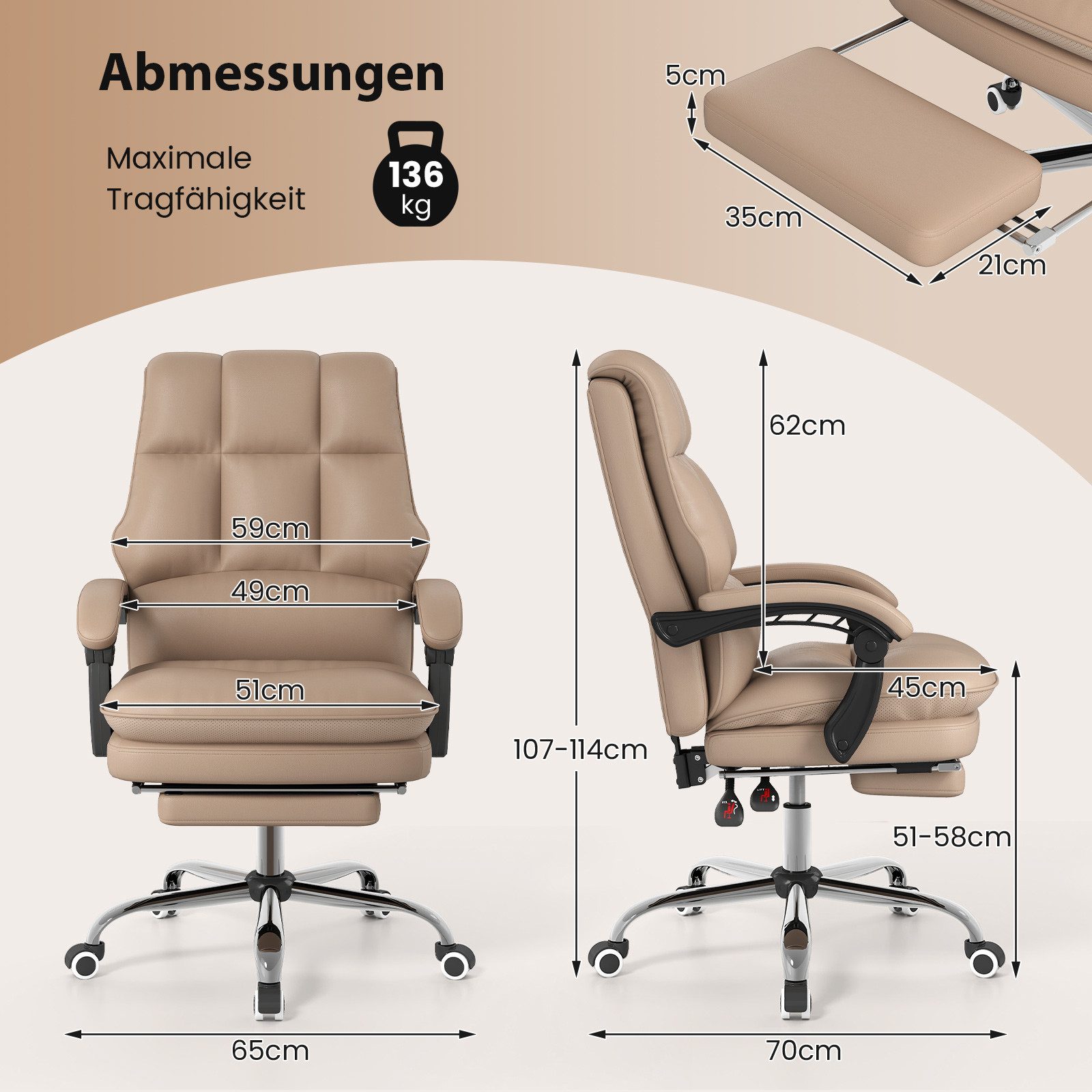 COSTWAY Bürostuhl, mit einziehbarer Fußstütze & verstellbarer Rückenlehne