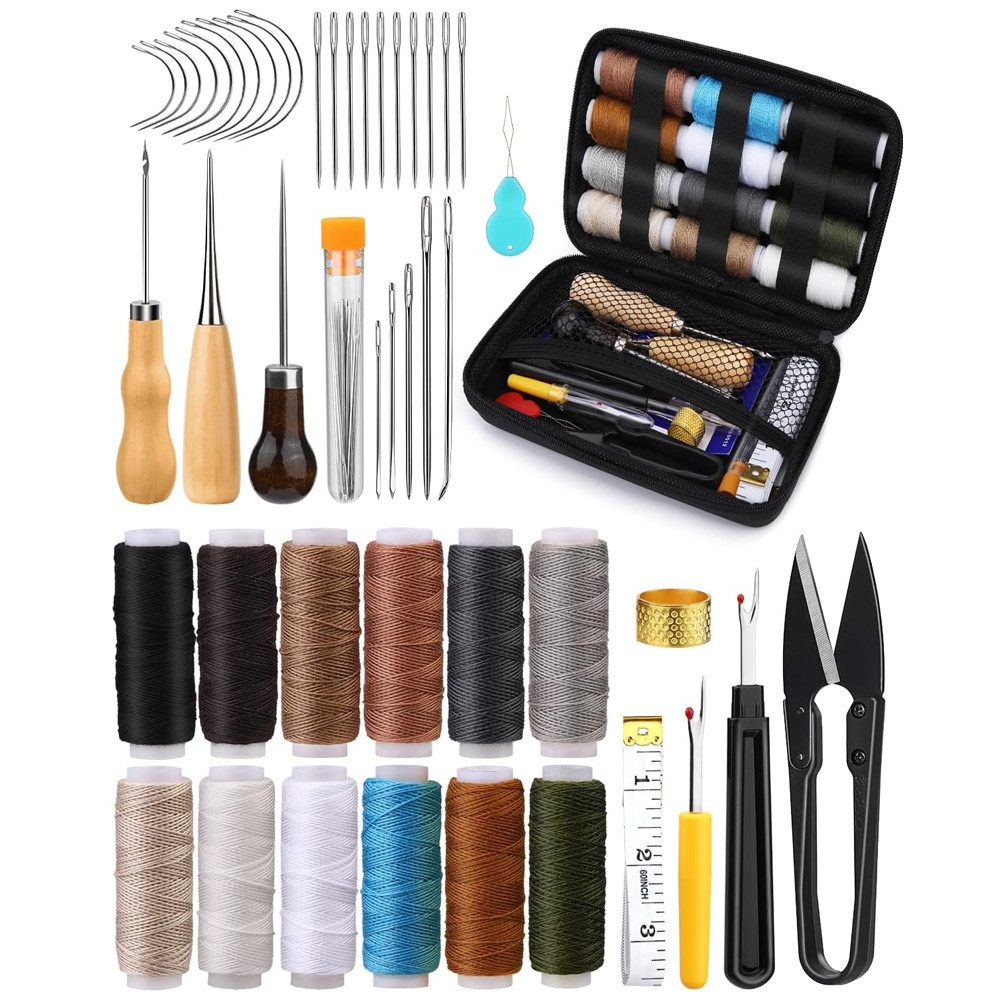 TUWENA Nähkästchen 48 Stück Leder Werkzeuge Set, Leder Werkzeuge Set für DIY Handwerk