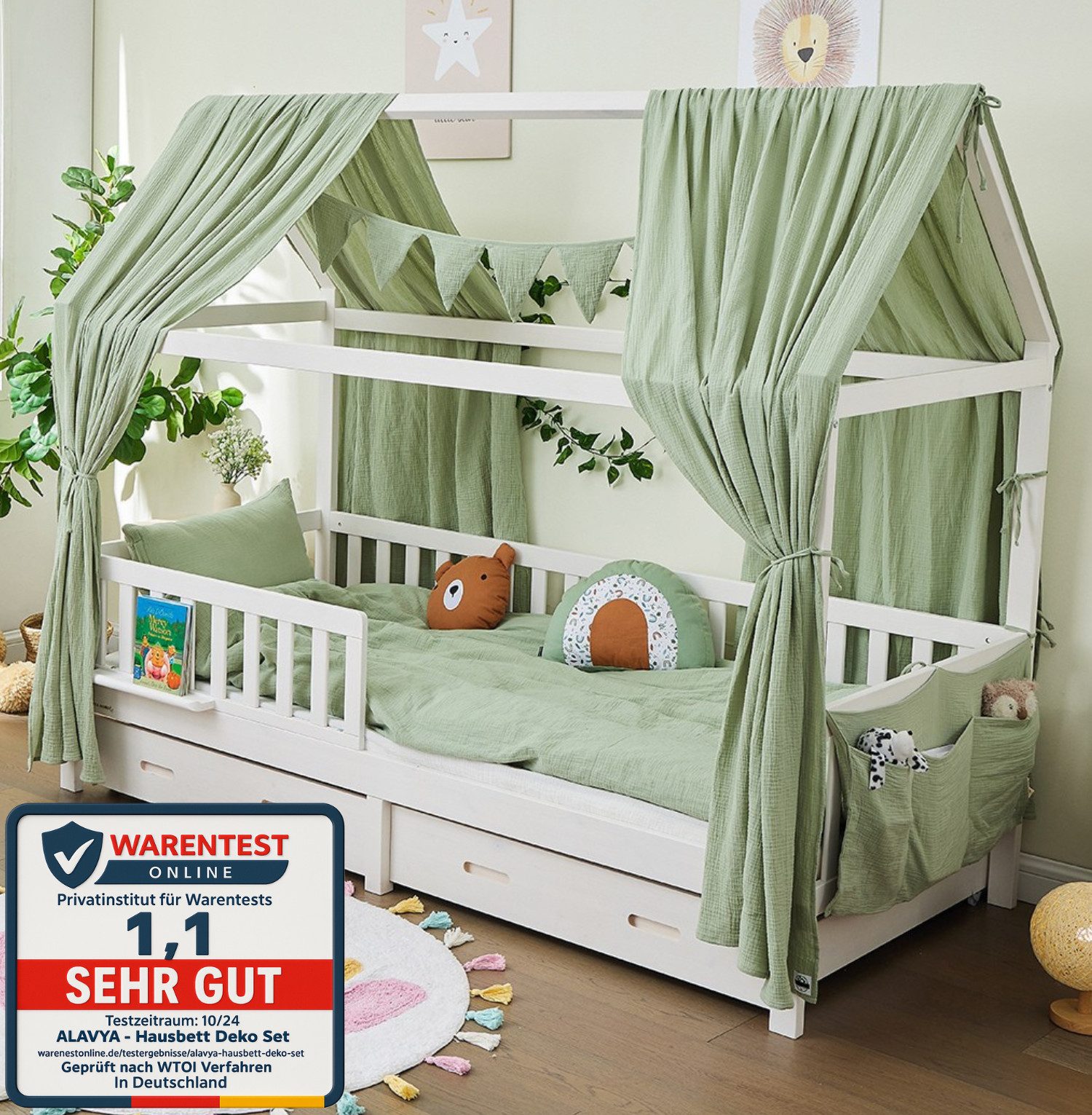 Alavya Home® Балдахин для кровати Dekoset für Hausbett CLOUD 80x160, 90x200 – OTTOs Choice, Хиты продаж (KOMPLETT SET I 2 Stück Балдахин для кровати I 1 Stück Wimpelkette 300cm cm lang mit 9 Stück Wimpeln, 3-tlg), Dekoset aus 100% Bio-Musselin Baumwolle GOTS zertifiziert, 125x350 cm