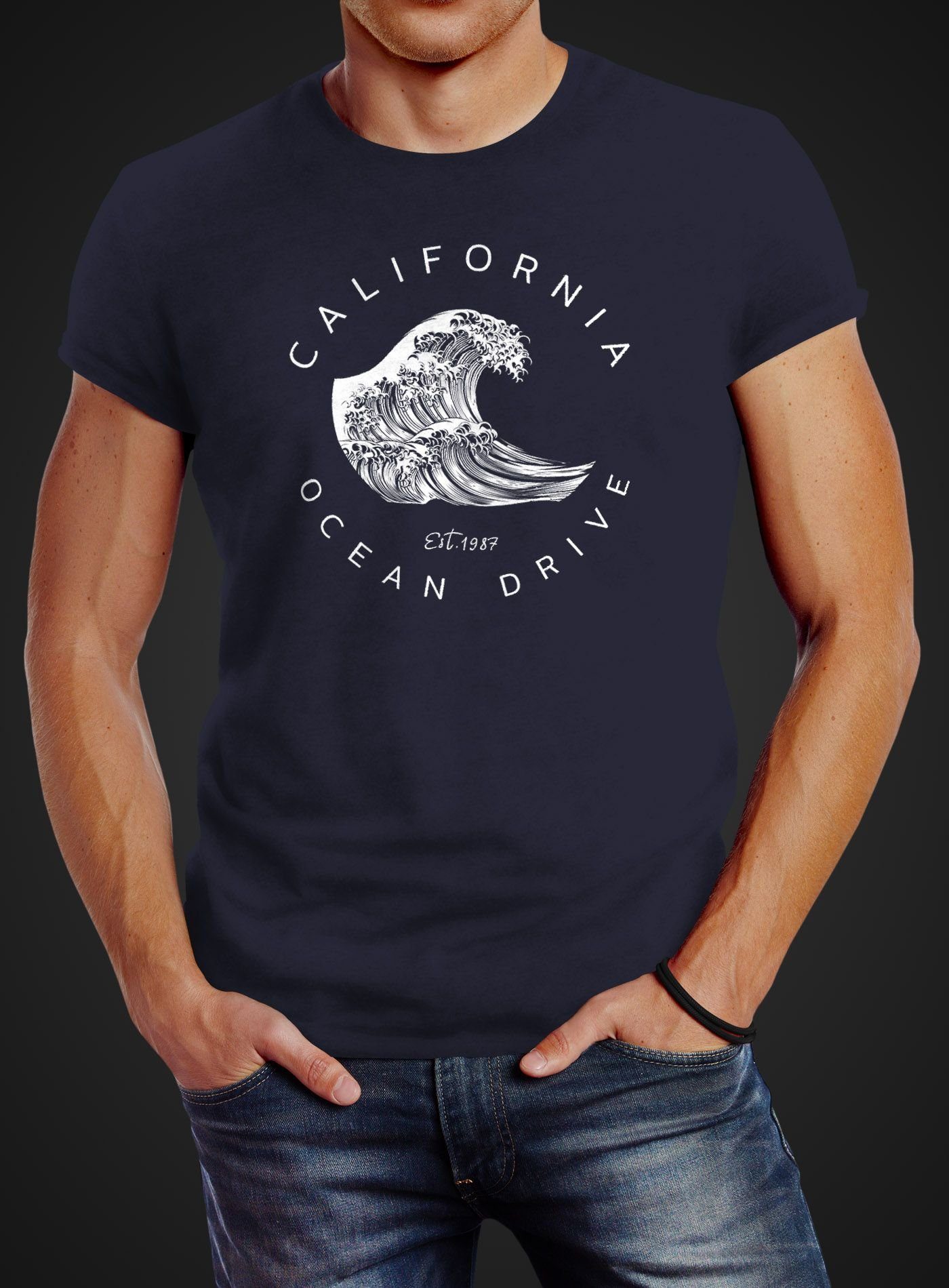 Print mit T-Shirt Surf Drive Print-Shirt Ocean Summer Wave Welle navy Fit Neverless® California Slim Herren Neverless