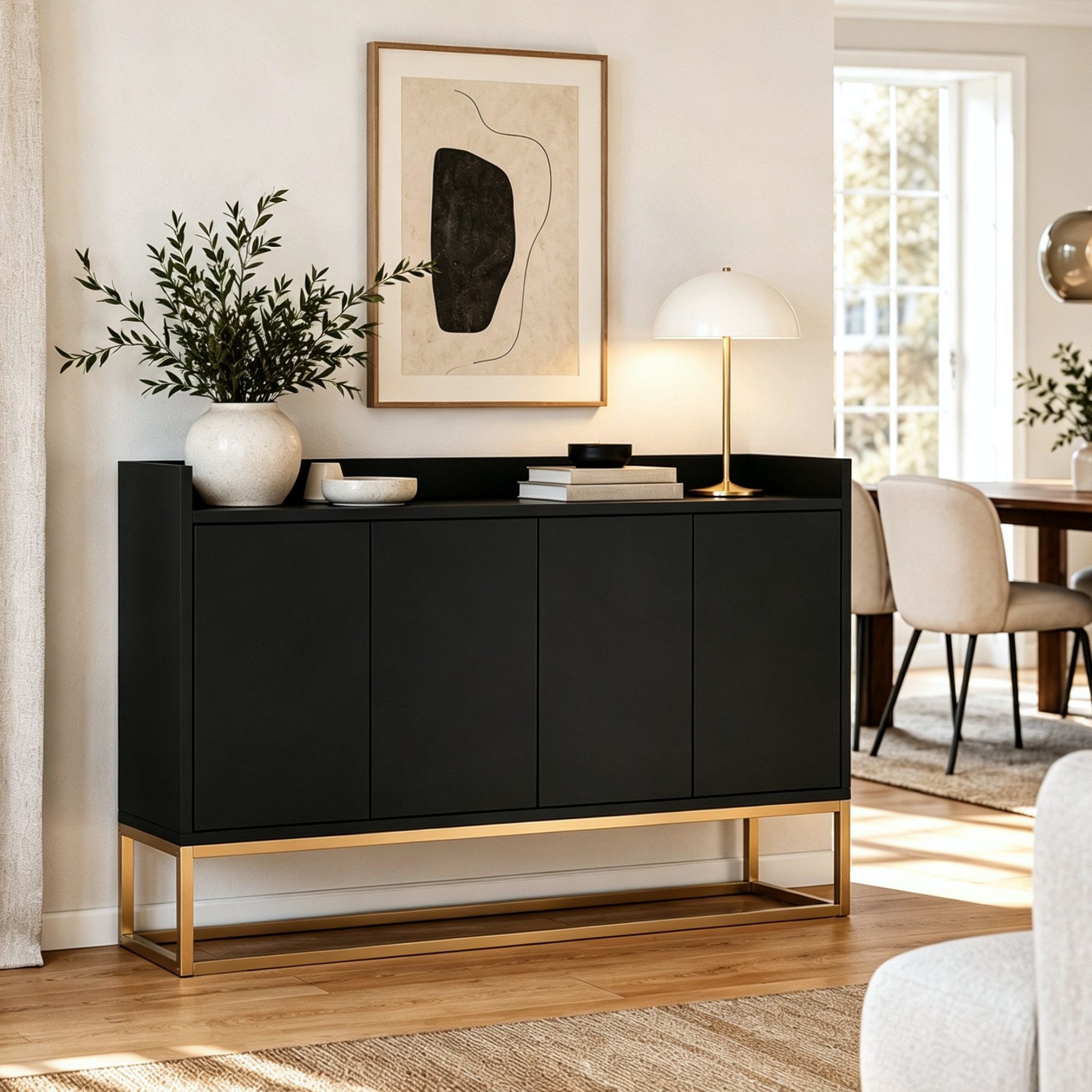 Simurq Sideboard Kommode Schrank mit 4 Türen, Push-to-Open, Breite 120 cm (Packung, 1 St., grifflos), Anrichte aus Holz mit höhenverstellbare Einlegeböden und Metallbeinen