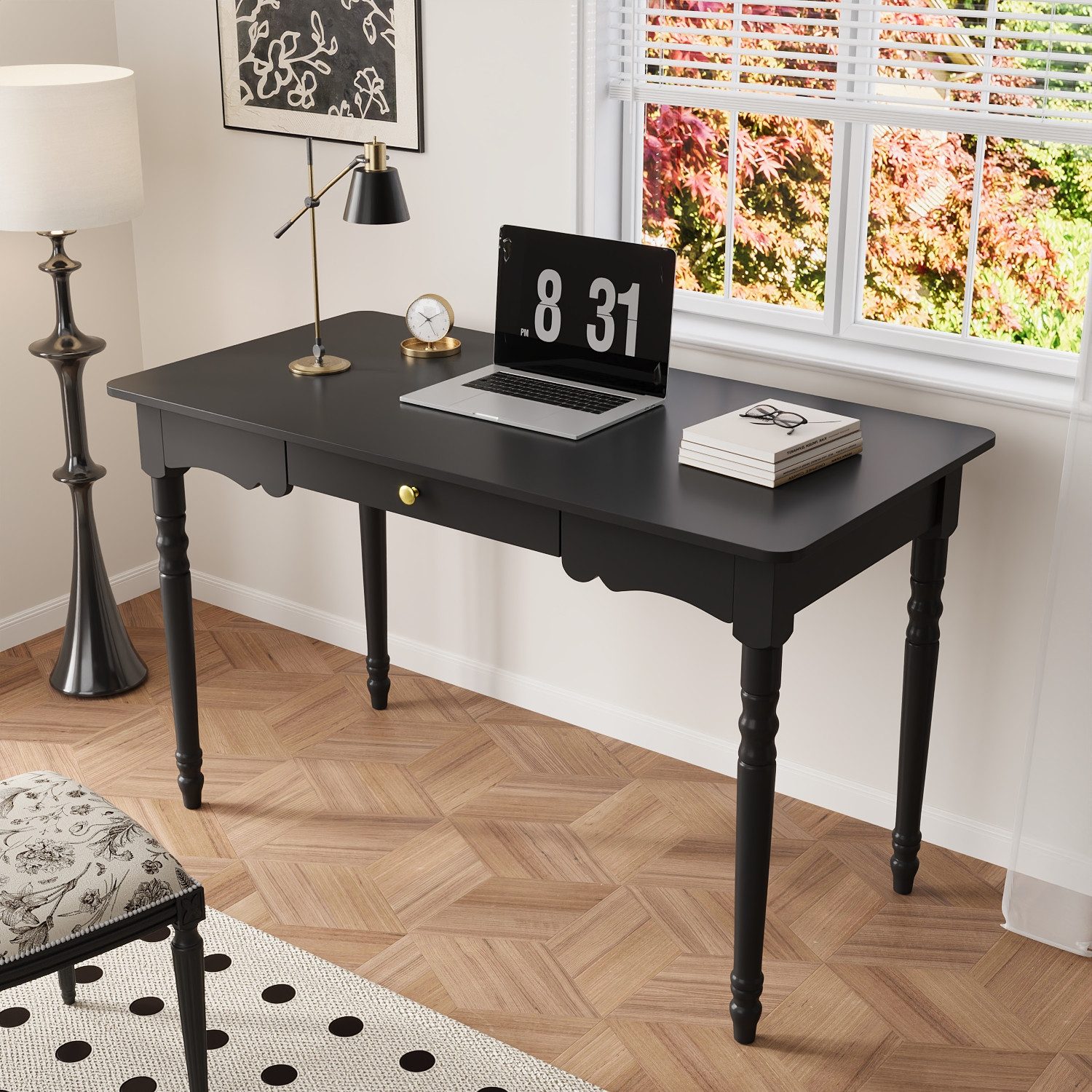 FUFU&GAGA Schreibtisch Schwarz 116 cm Computertisch Skandi, Massivholzbeine – Bild 3 von 5