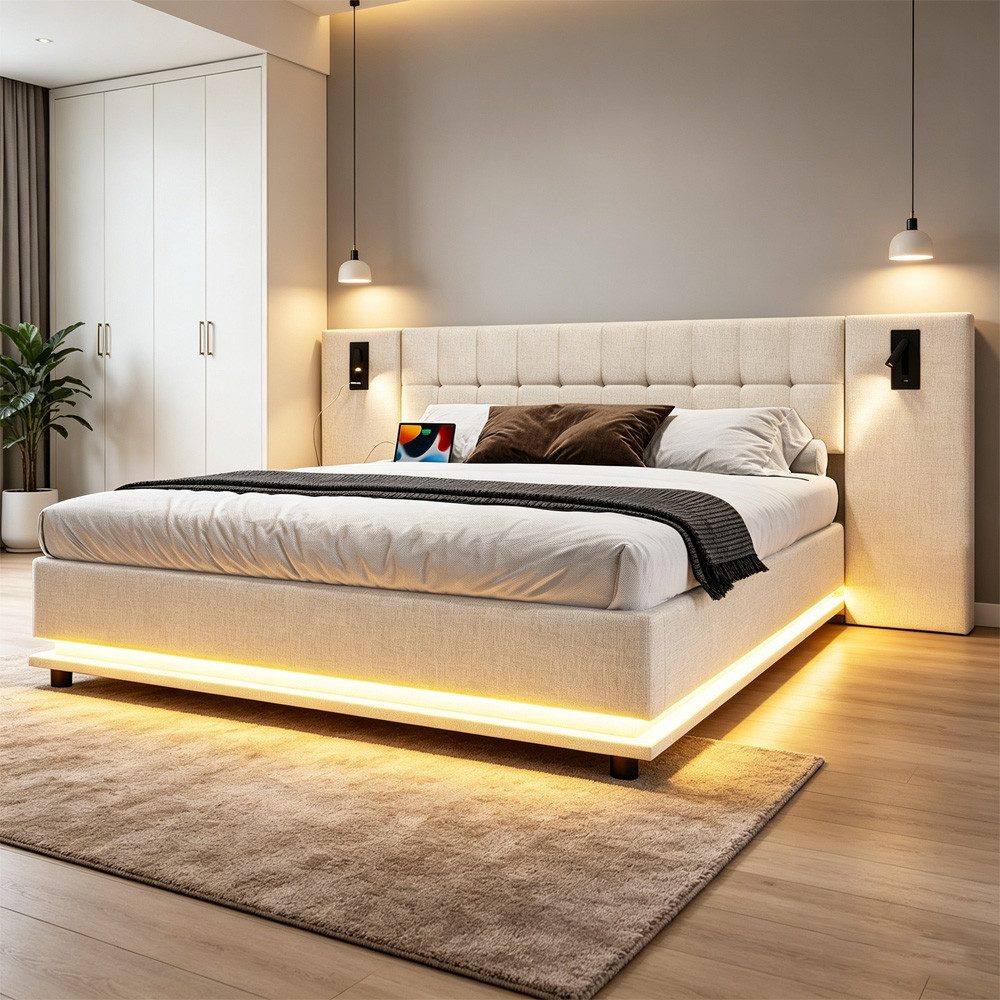 REDOM Polsterbett mit LED-Leiste & USB, Kopfteil mit Spotlicht (Leinen-Doppelbett, 180x200 cm), ohne Matratze