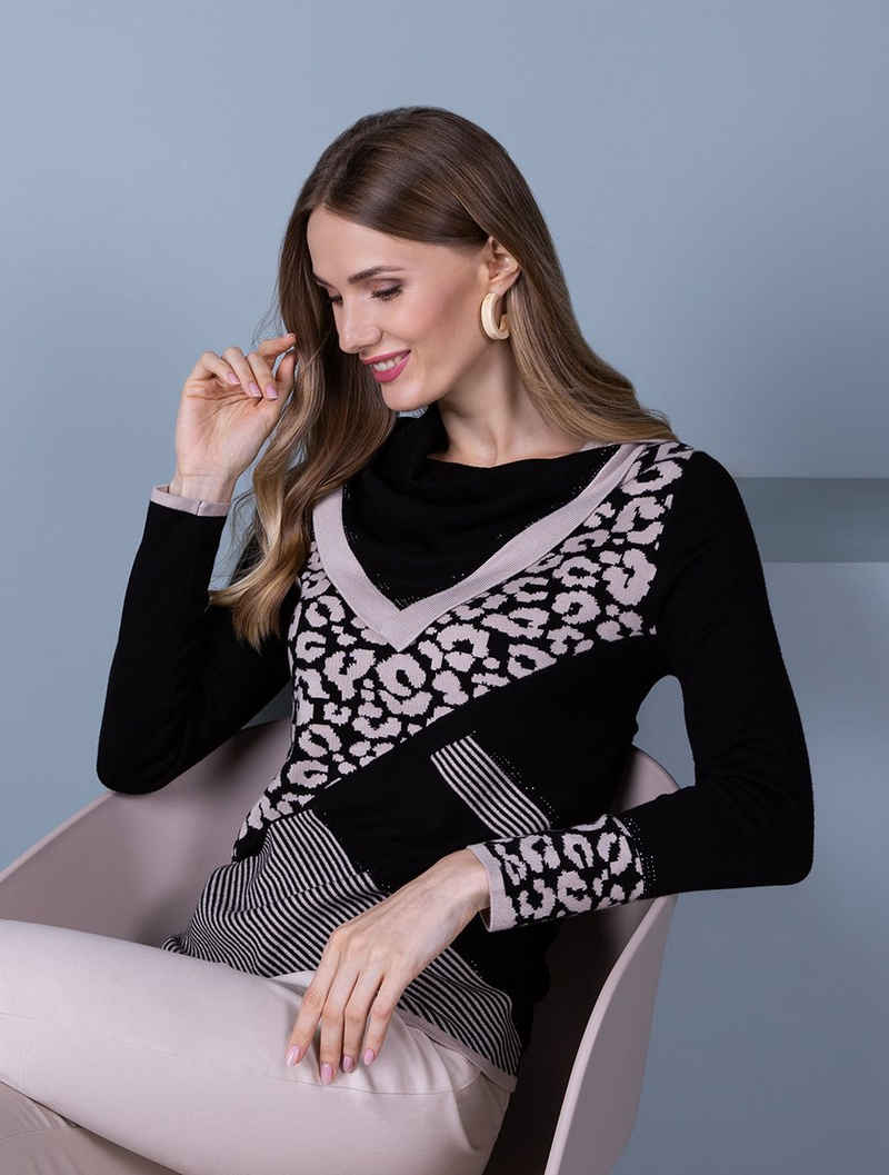 Passioni Strickpullover Pullover mit asymmetrischem Kragen und Jacquardmuster