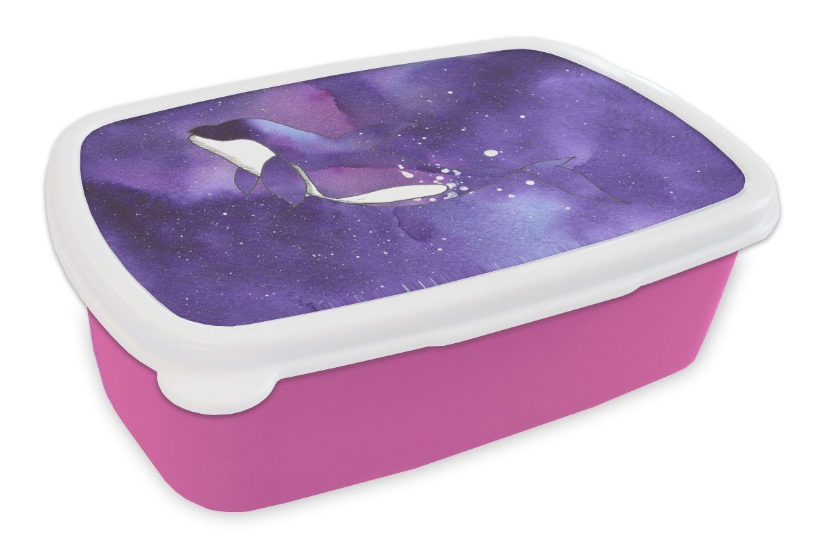 MuchoWow Lunchbox Tiere - Wal - Lila - Aquarell, Kunststoff, (2-tlg), Brotbox für Erwachsene, Brotdose Kinder, Snackbox, Mädchen, Kunststoff rosa