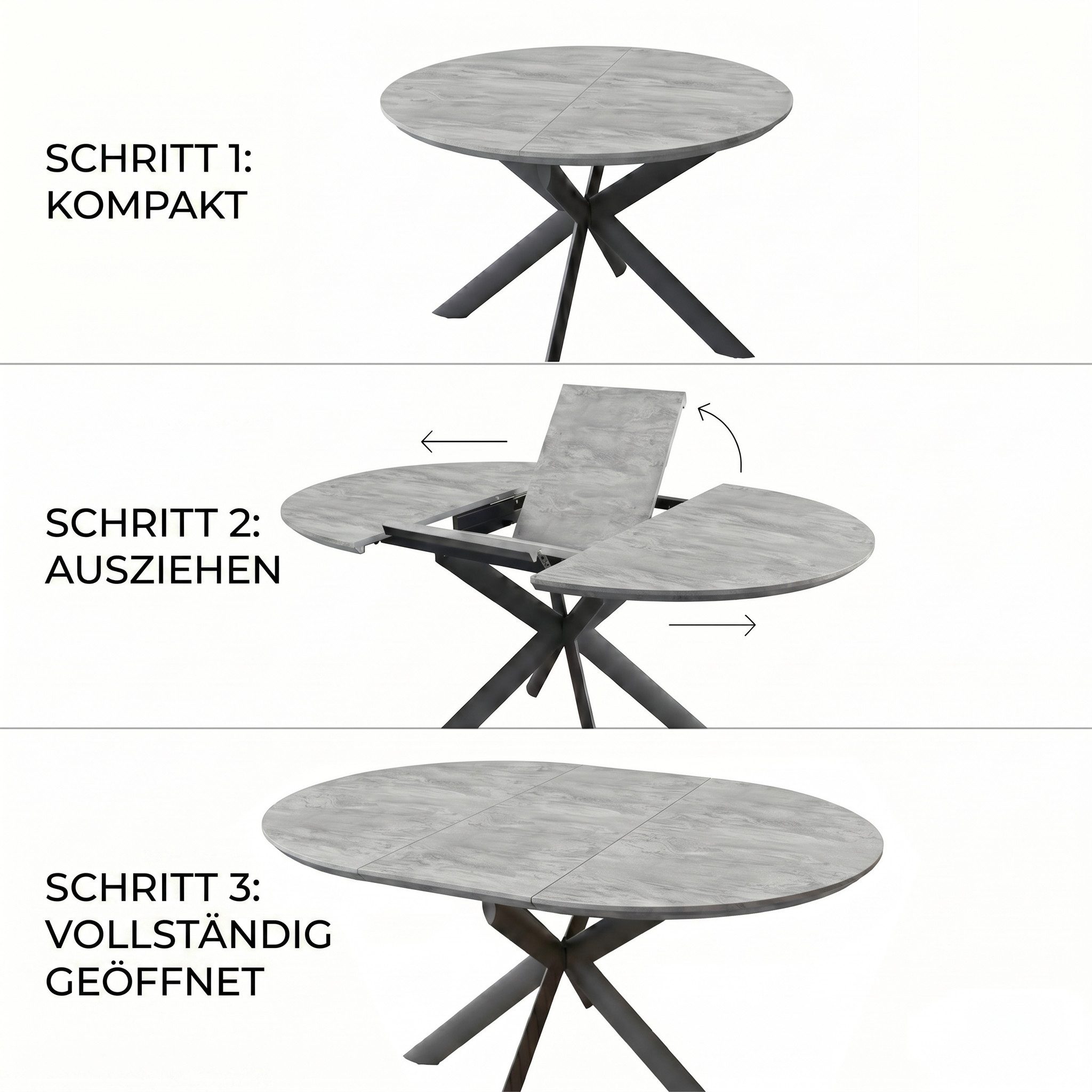 Jiexi Esstisch Esstisch ausziehbar rund bis oval MDF-Platte mit X-Metallgestell